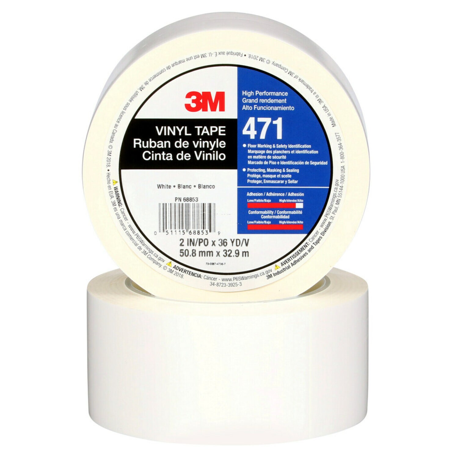 7100044650 - 3M Vinyl Tape 471, White, 2 in x 36 yd, 5.2 mil, 24 Roll/Case, Individually Wrapped Conveniently Packaged