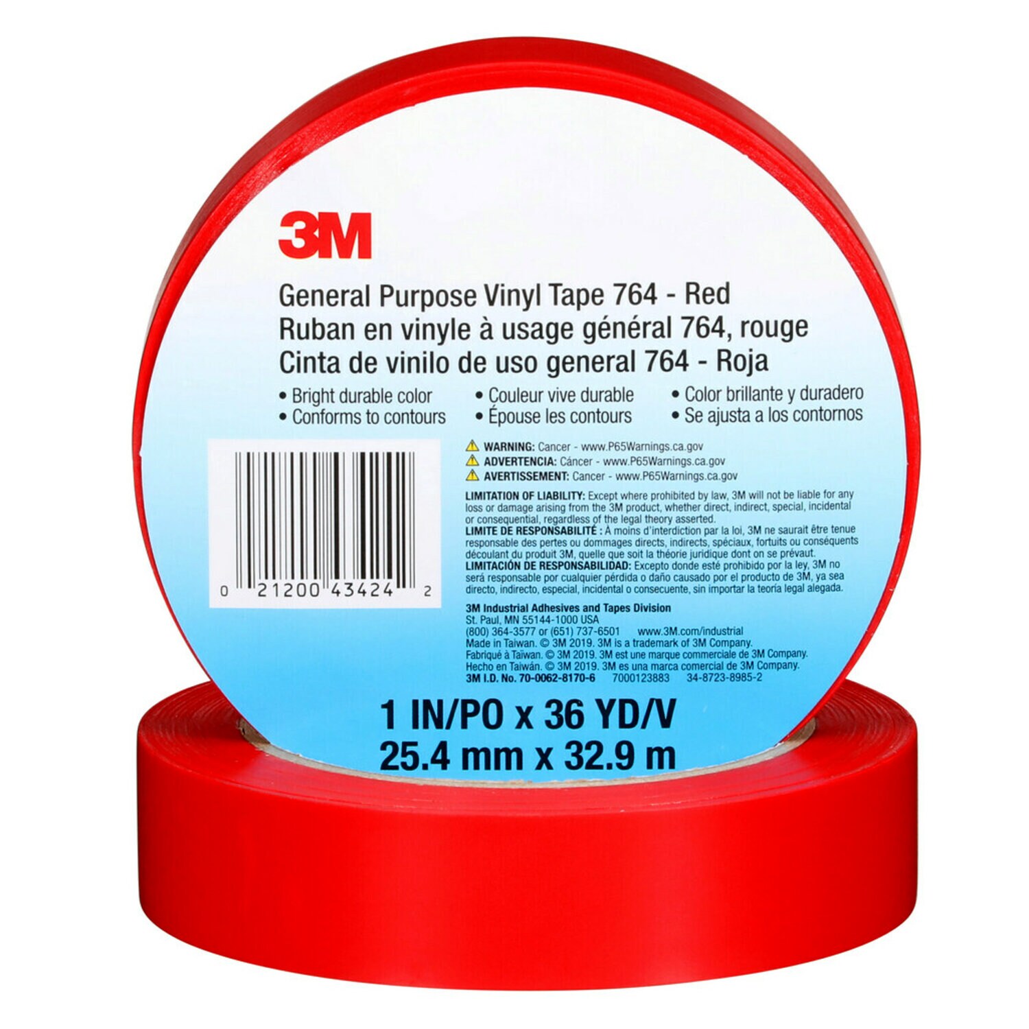 7000123883 - 3M General Purpose Vinyl Tape 764, Red, 1 in x 36 yd, 5 mil, 36 Roll/Case, Individually Wrapped Conveniently Packaged