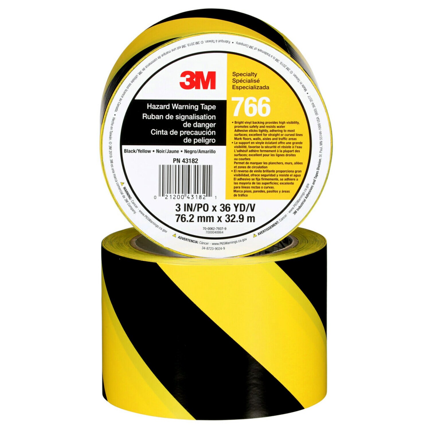 7000048864 - 3M Safety Stripe Vinyl Tape 766, Black/Yellow, 3 in x 36 yd, 5 mil, 12 Roll/Case, Individually Wrapped Conveniently Packaged