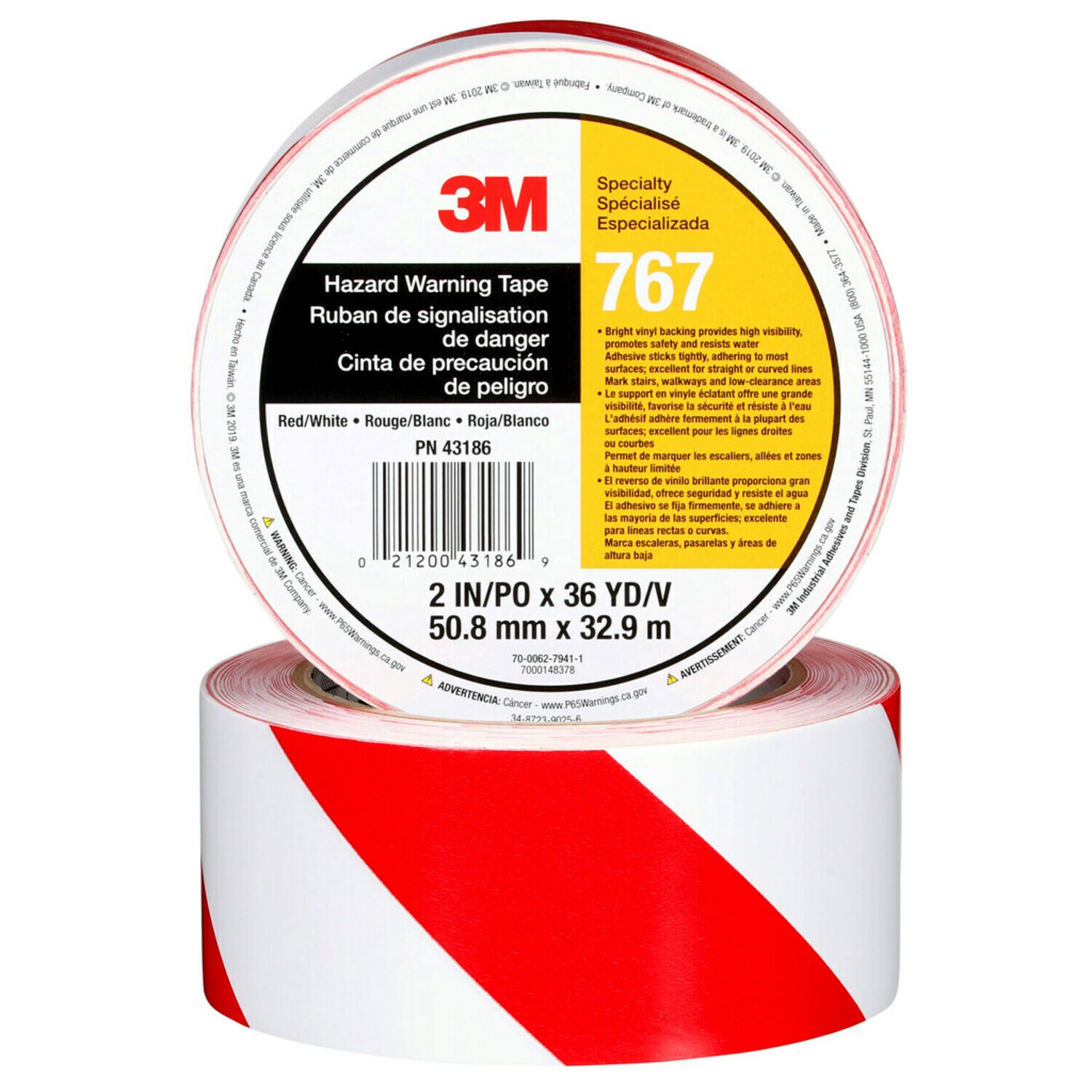 7000148378 - 3M Safety Stripe Vinyl Tape 767, Red/White, 2 in x 36 yd, 5 mil, 24 Roll/Case, Individually Wrapped Conveniently Packaged