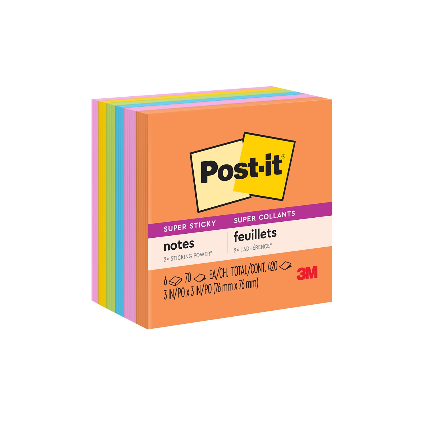 7100242941 - Post-it Super Sticky Notes 654-6SSAU70, 3 in x 3 in (76 mm x 76 mm),100% PEFC, SGSCH-PEFC-COC-110078