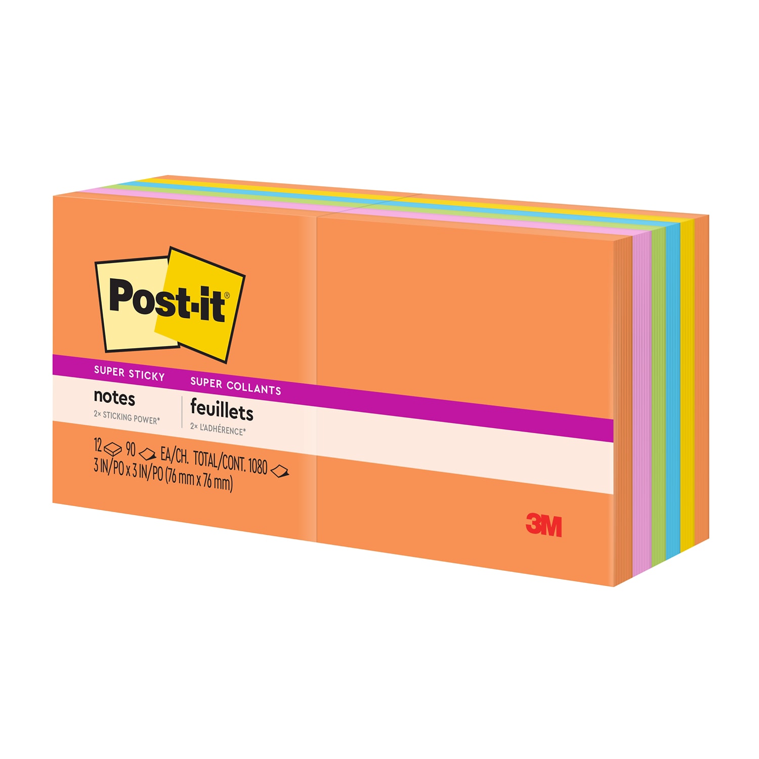 7100417022 - Post-it Super Sticky Notes 654-12SSUC, Neon Fizz, 3 in x3 in (76 mm x 76 mm), 90 sheet, 100% PEFC, SGSCH-PEFC-COC-110078