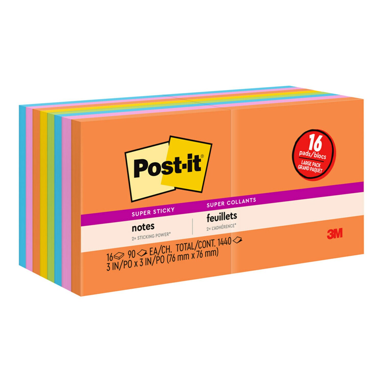 7010372306 - Post-it Super Sticky Notes 654-12SSAU+4, Energy Boost collectionm, 3 in x 3 in (76 mm x 76 mm), 100% PEFC, SGSCH-PEFC-COC-110078