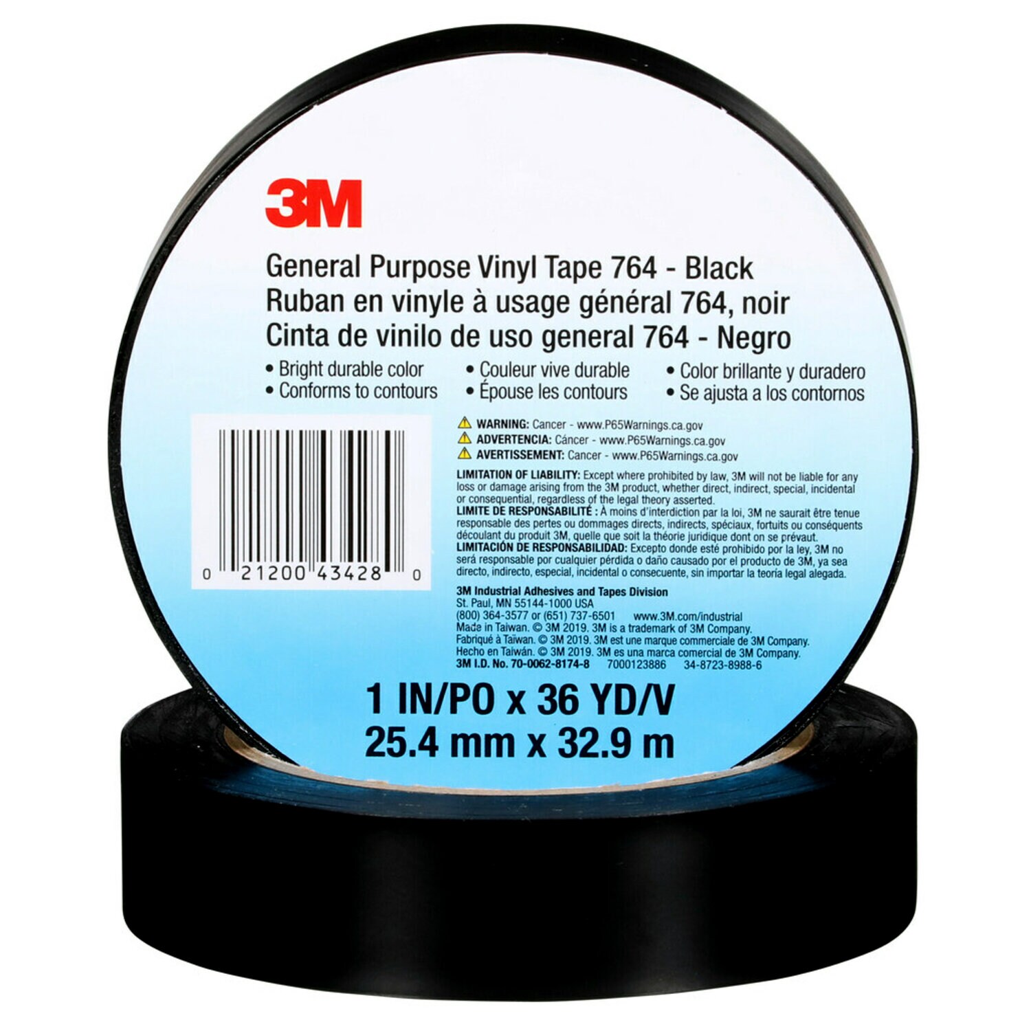 7000123886 - 3M General Purpose Vinyl Tape 764, Black, 1 in x 36 yd, 5 mil, 36 Roll/Case, Individually Wrapped Conveniently Packaged