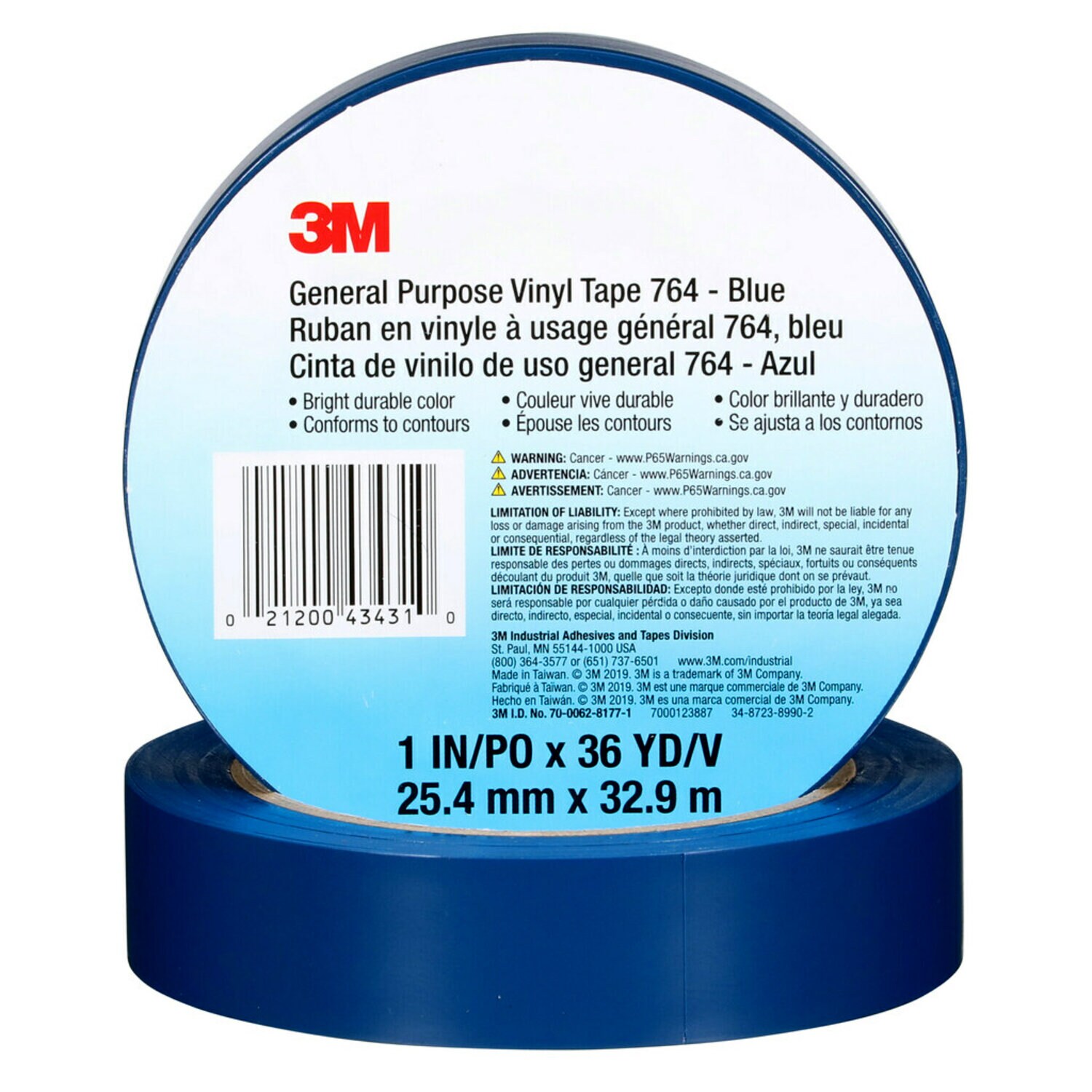 7000123887 - 3M General Purpose Vinyl Tape 764, Blue, 1 in x 36 yd, 5 mil, 36 Roll/Case, Individually Wrapped Conveniently Packaged