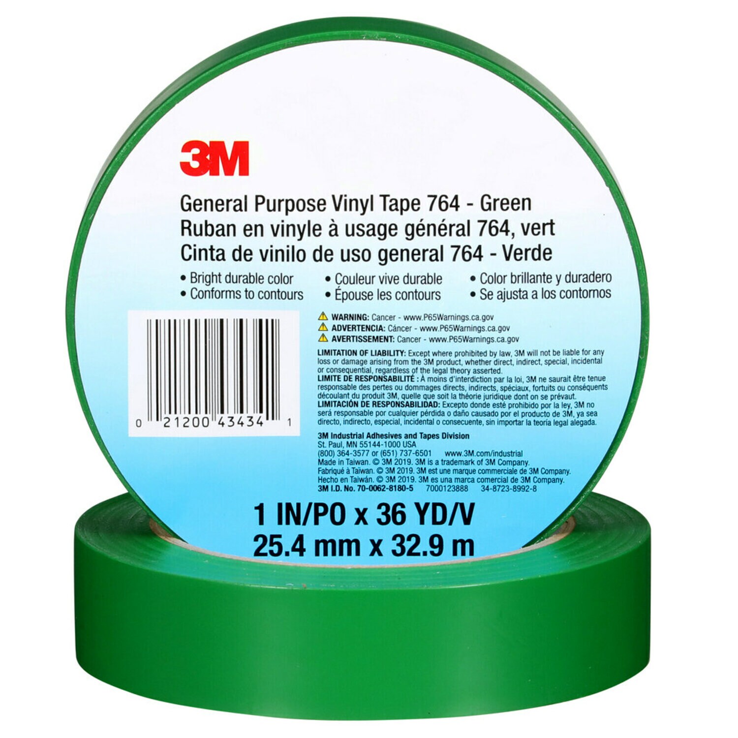 7000123888 - 3M General Purpose Vinyl Tape 764, Green, 1 in x 36 yd, 5 mil, 36 Roll/Case, Individually Wrapped Conveniently Packaged