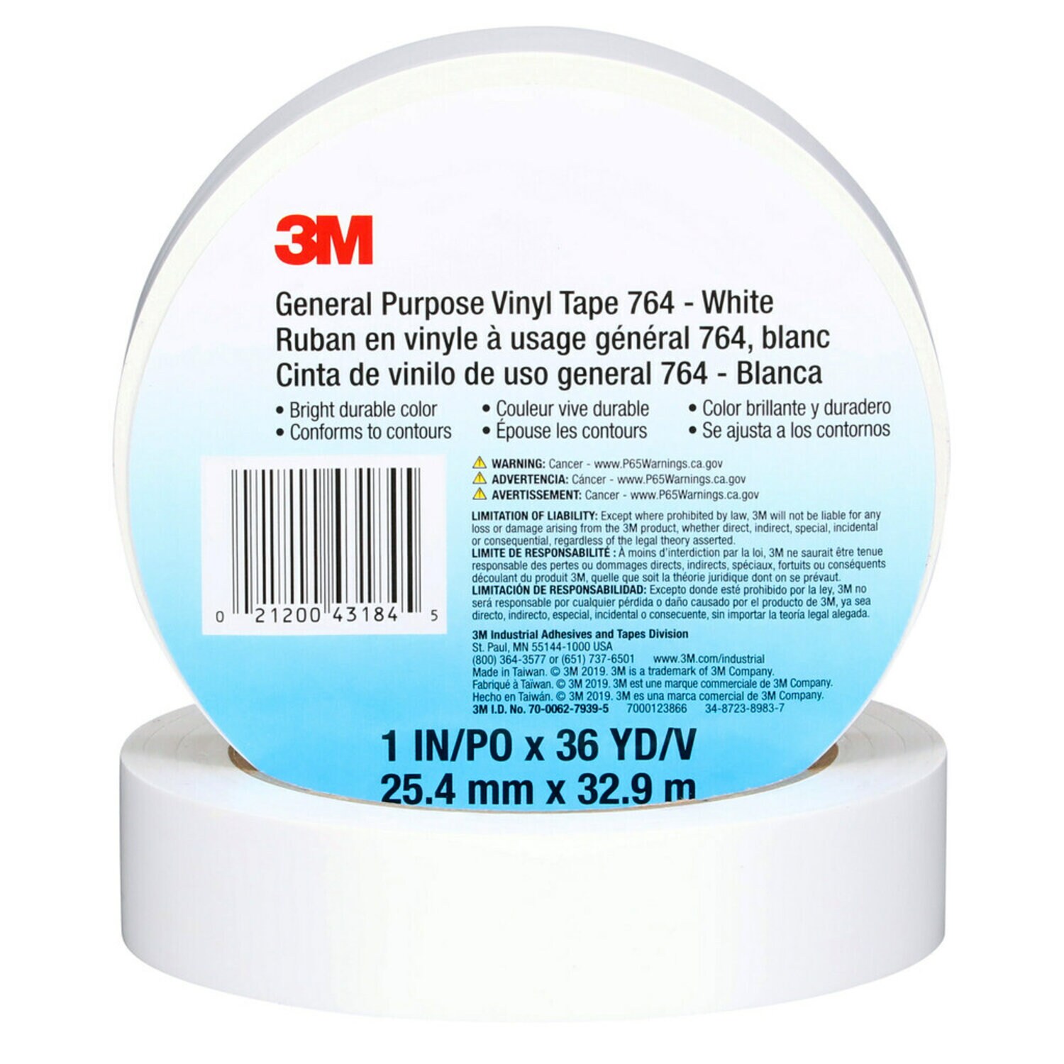 7000123866 - 3M General Purpose Vinyl Tape 764, White, 1 in x 36 yd, 5 mil, 36 Roll/Case, Individually Wrapped Conveniently Packaged