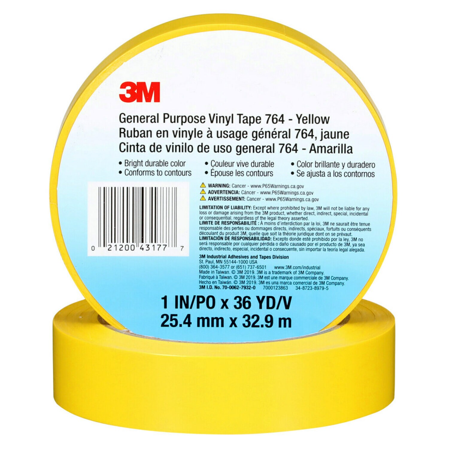 7000123863 - 3M General Purpose Vinyl Tape 764, Yellow, 1 in x 36 yd, 5 mil, 36 Roll/Case, Individually Wrapped Conveniently Packaged