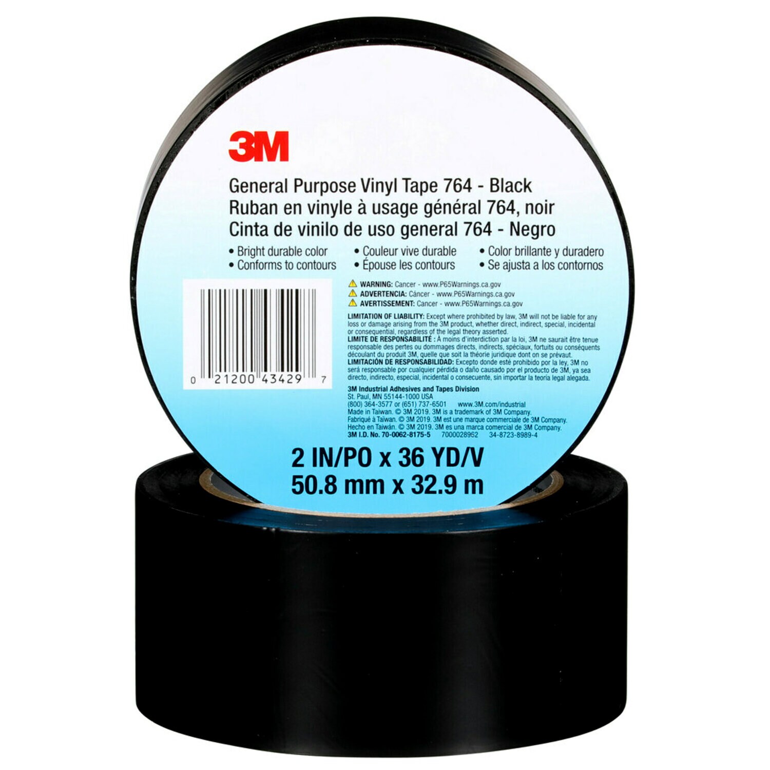 7000028962 - 3M General Purpose Vinyl Tape 764, Black, 2 in x 36 yd, 5 mil, 24 Roll/Case, Individually Wrapped Conveniently Packaged