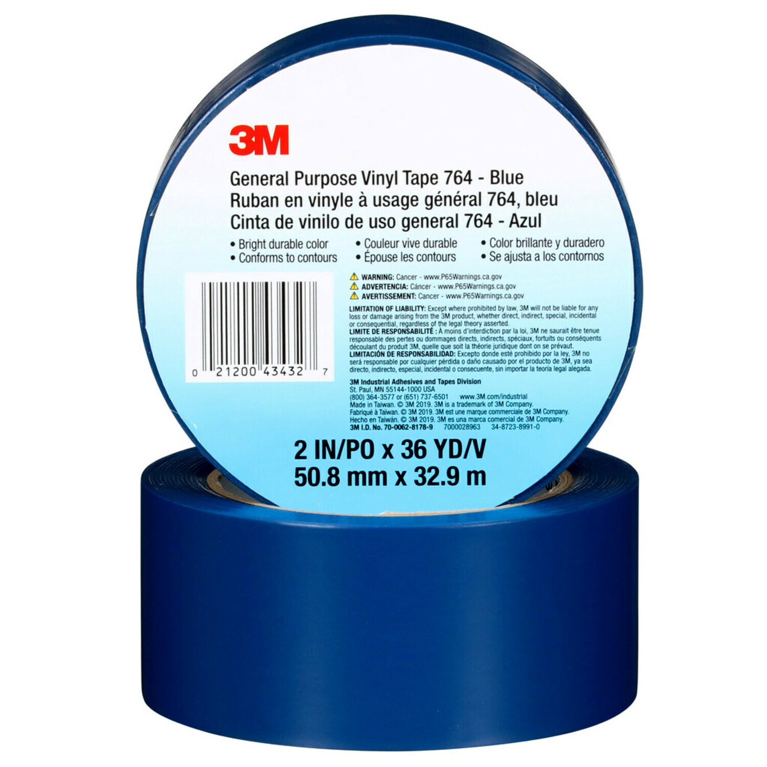 7000028963 - 3M General Purpose Vinyl Tape 764, Blue, 2 in x 36 yd, 5 mil, 24 Roll/Case, Individually Wrapped Conveniently Package