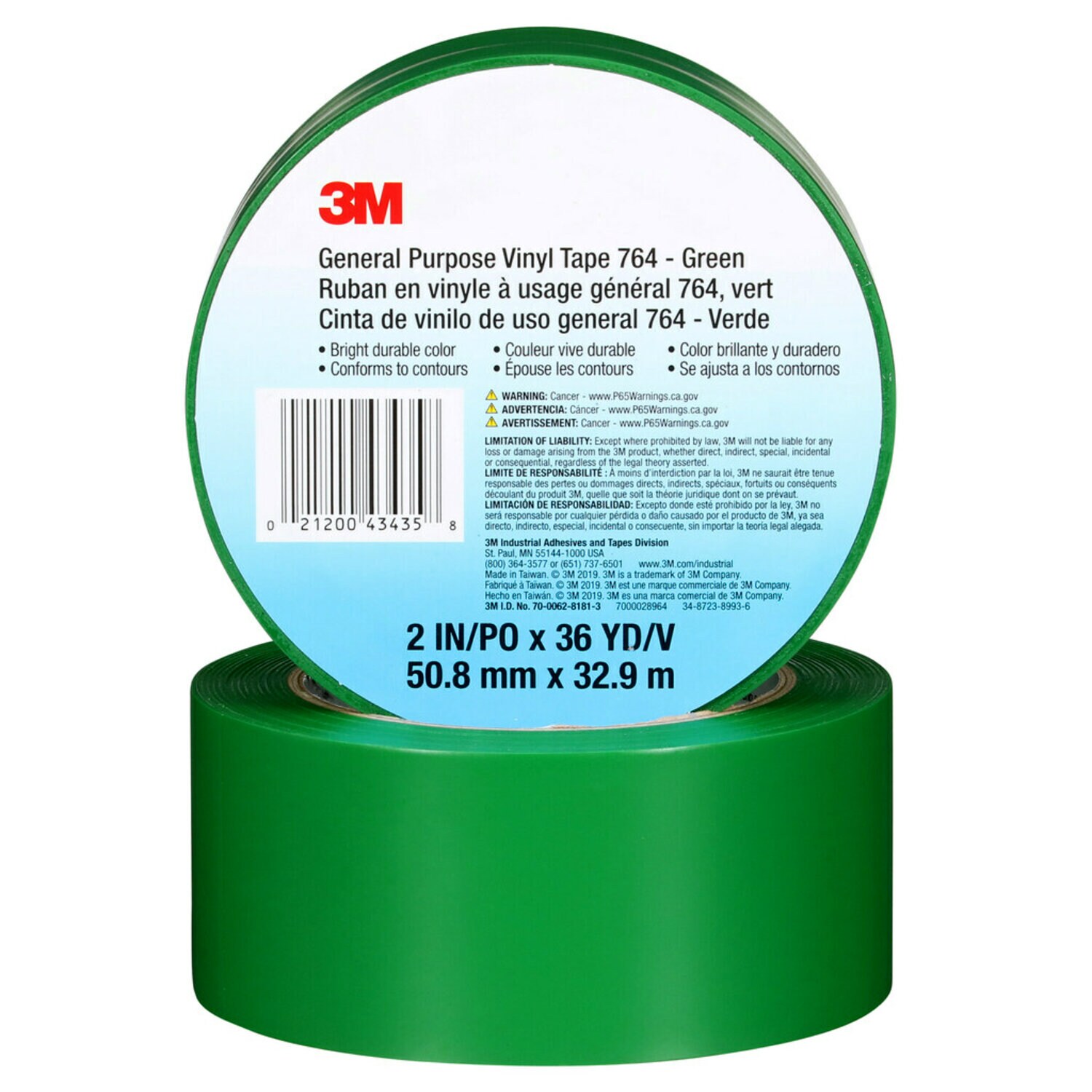 7000028964 - 3M General Purpose Vinyl Tape 764, Green, 2 in x 36 yd, 5 mil, 24 Roll/Case, Individually Wrapped Conveniently Packaged