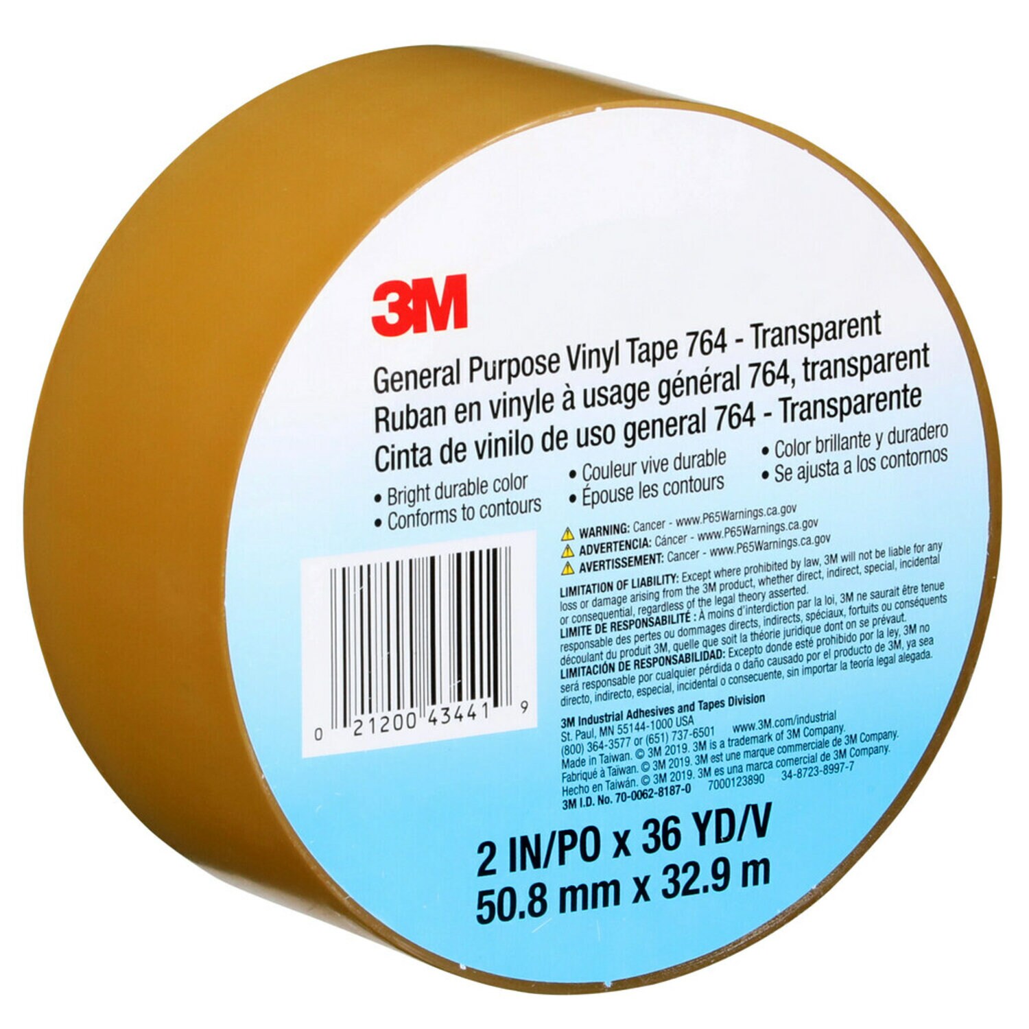 7000123890 - 3M General Purpose Vinyl Tape 764, Transparent, 2 in x 36 yd, 5 mil, 24 Roll/Case, Individually Wrapped Conveniently Packaged