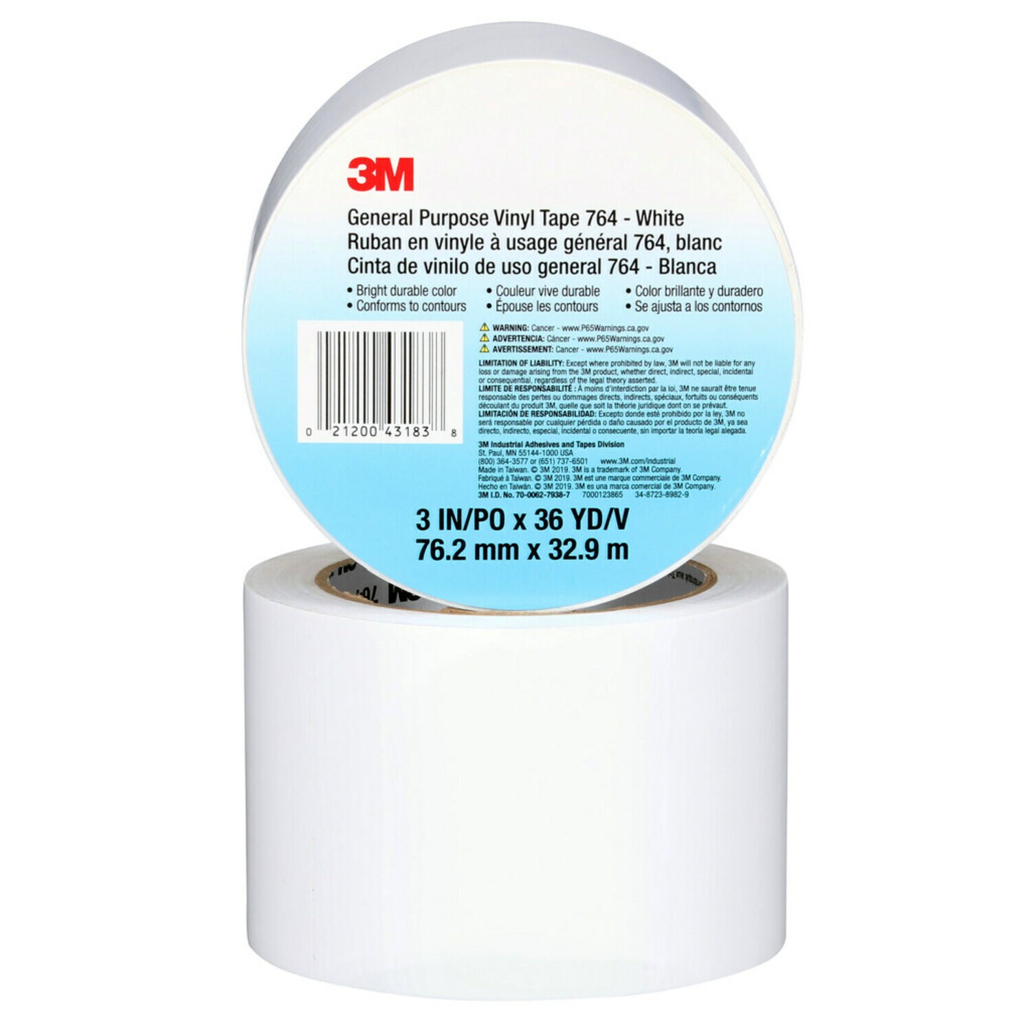 7000123865 - 3M General Purpose Vinyl Tape 764, White, 3 in x 36 yd, 5 mil, 12 Roll/Case, Individually Wrapped Conveniently Packaged