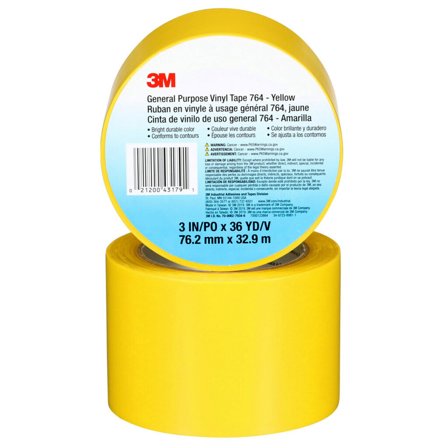 7000123864 - 3M General Purpose Vinyl Tape 764, Yellow, 3 in x 36 yd, 5 mil, 12 Roll/Case, Individually Wrapped Conveniently Packaged