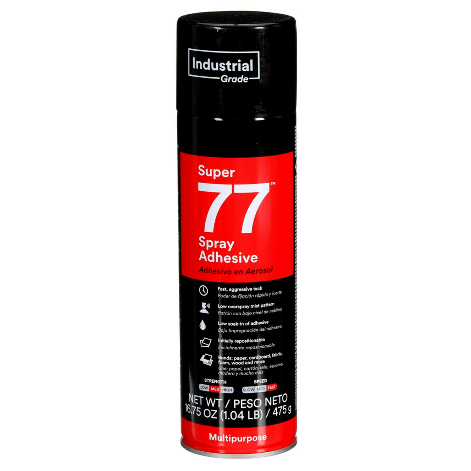 7000000931 - 3M Super 77 Multipurpose Spray Adhesive, 24 fl oz Can (Net Wt 16.75
oz), 12/Case, NOT FOR SALE IN CA AND OTHER STATES