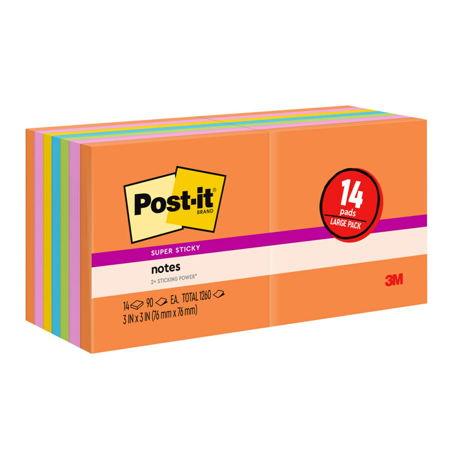 7100416954 - Post-it Super Sticky Notes 654-1260-SSAU, Neon Fizz, 3 in x 3 in (76mm x 76 mm), 90 sheet, 100% PEFC, SGSCH-PEFC-COC-110078