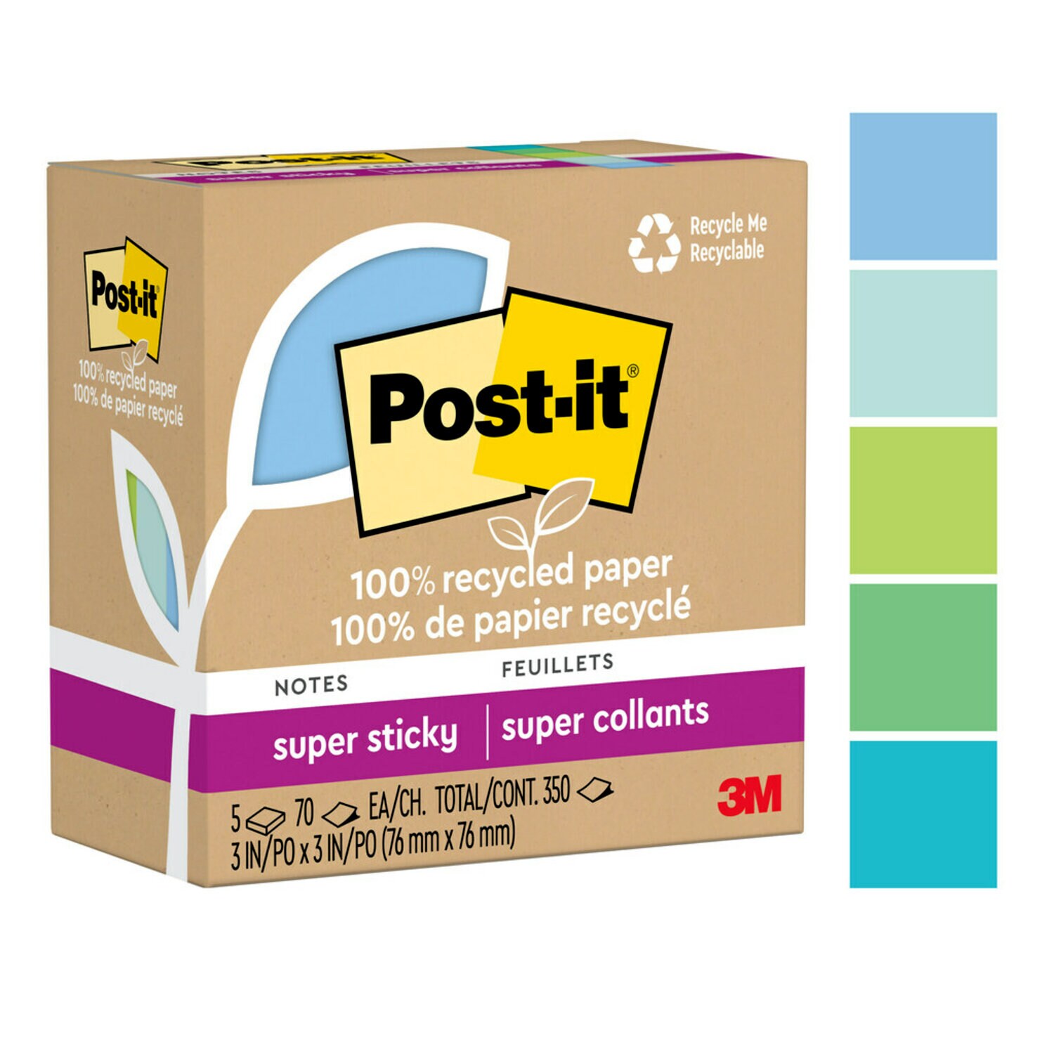 7100290422 - Post-it Super Sticky Recycled Notes 654R-5SST, 3 in x 3 in (76 mm x 76 mm), 100% PEFC, SGSCH-PEFC-COC-110078
