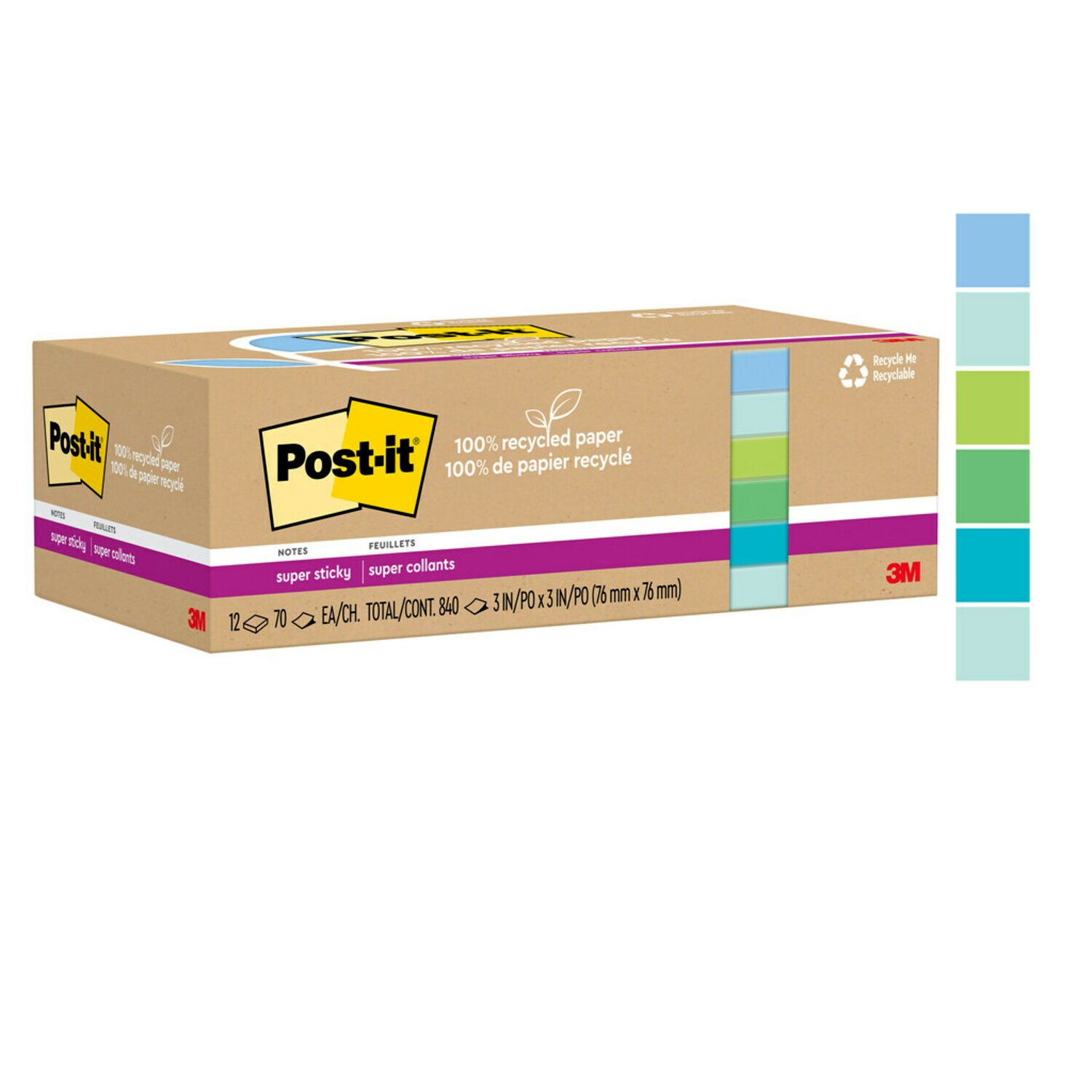 7100290284 - Post-it Super Sticky Recycled Notes 654R-12SST, 3 in x 3 in (76 mm x 76 mm), 100% PEFC, SGSCH-PEFC-COC-110078