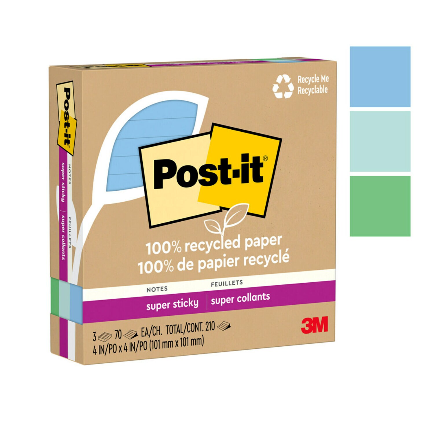 7100290144 - Post-it Super Sticky Recycled Notes 675R-3SST, 4 in x 4 in (101 mm x 101 mm), 100% PEFC, SGSCH-PEFC-COC-110078