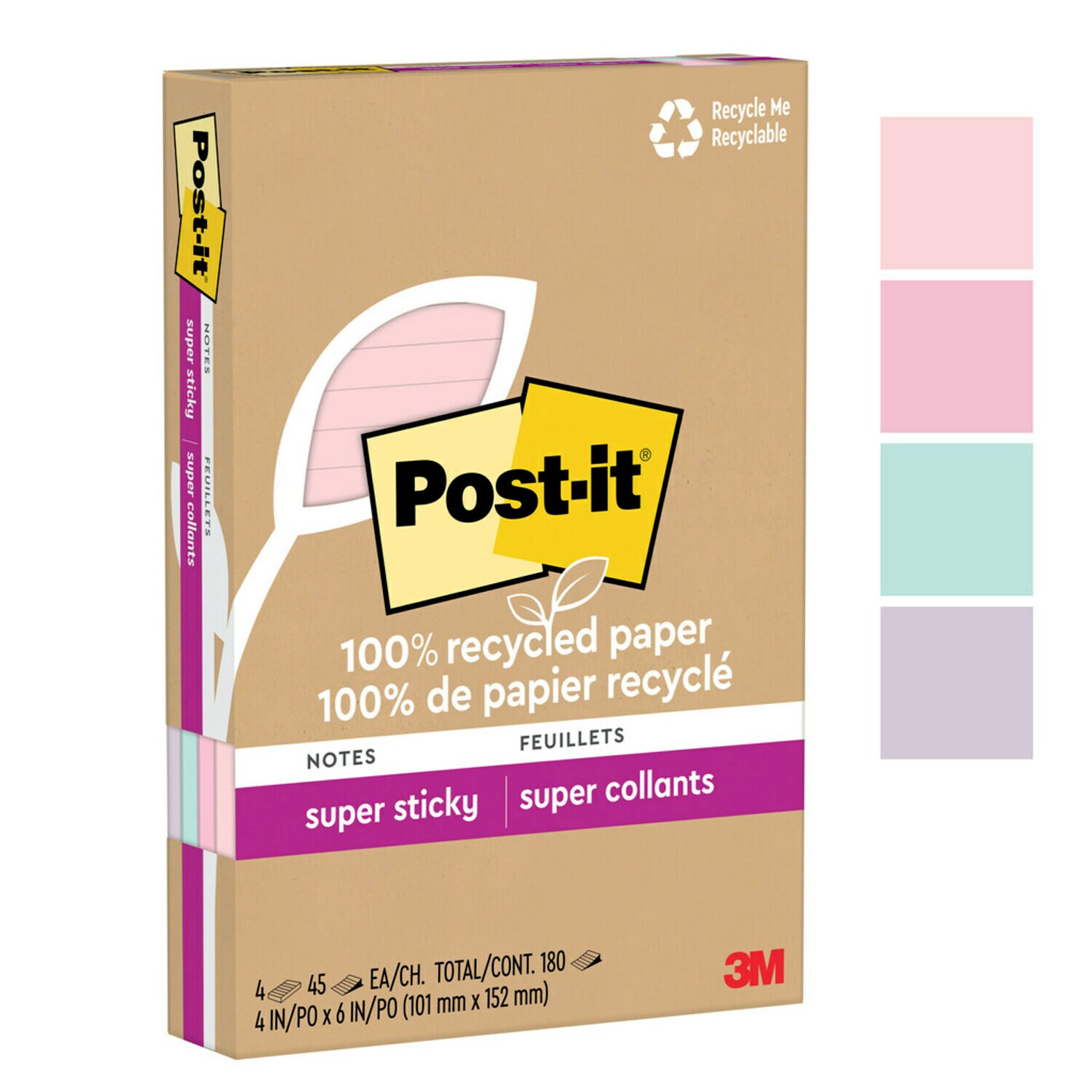 7100290210 - Post-it Super Sticky Recycled Notes 4621R-4SSNRP, 4 in x 6 in (101 mm x 152 mm)