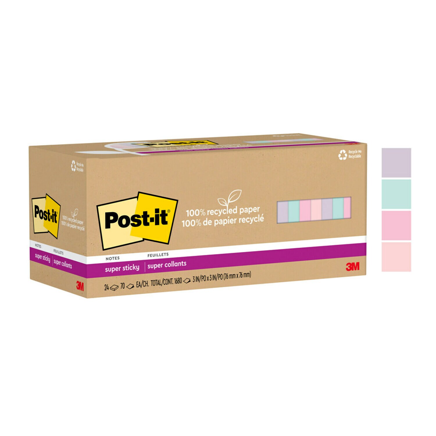 7100290274 - Post-it Super Sticky Recycled Notes 654R-24SSNRPCP, 3 in x 3 in (76 mm x 76 mm), 100% PEFC, SGSCH-PEFC-COC-110078