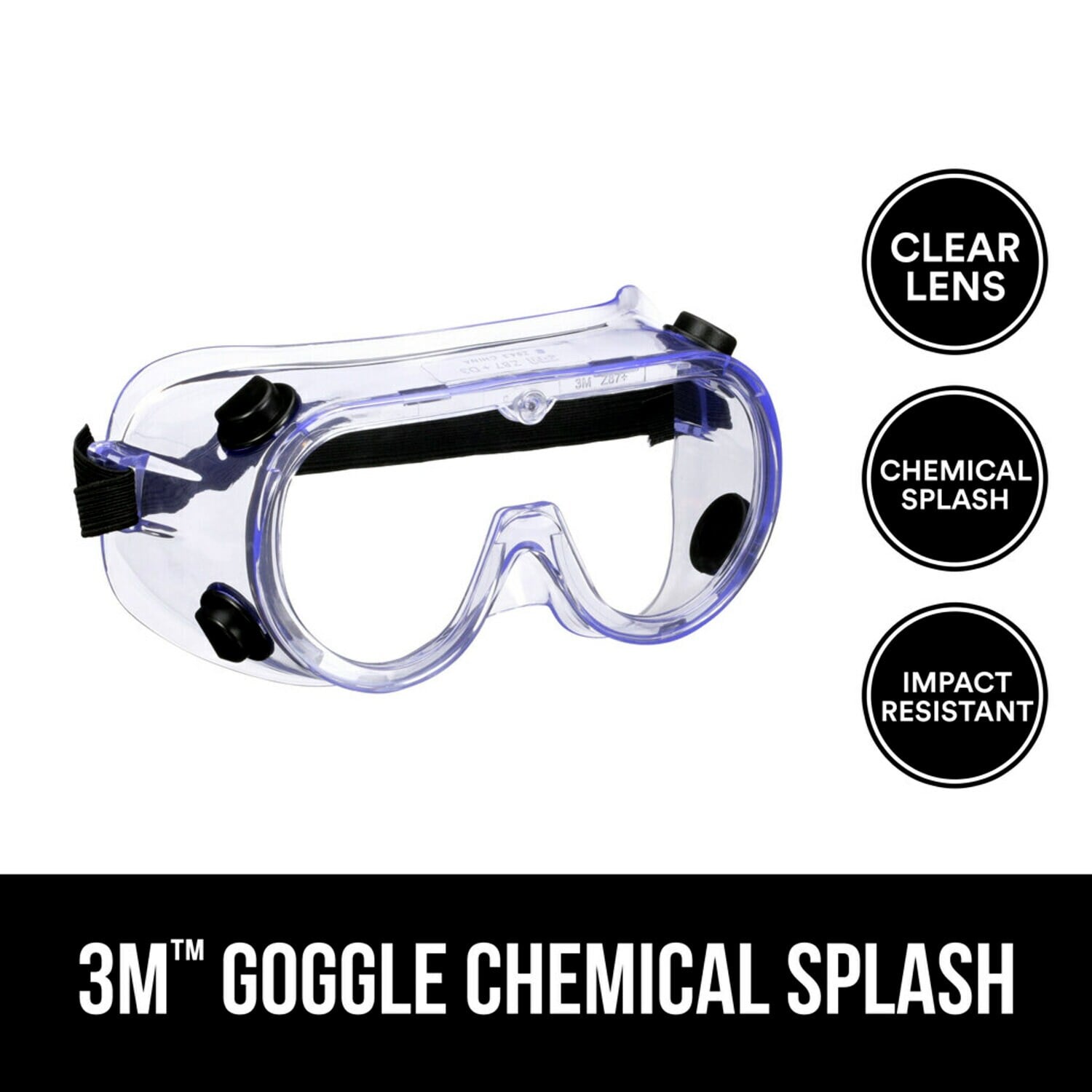 7100159245 - 3M Goggle Chemical Splash, 91252H1-DC-14, Black Strap, Clear Lens, 14/case