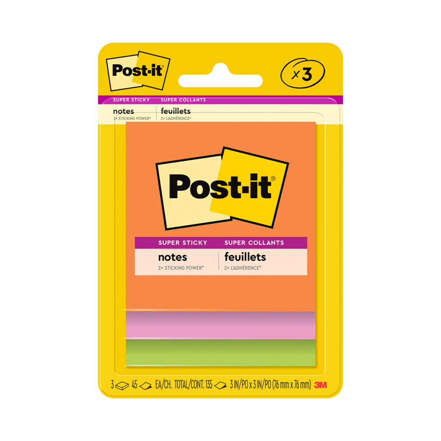 7100416934 - Post-it Super Sticky Notes 3321-SSAU, 3 in x 3 in (76mmx76mm), Neon Fizz Collection, 45 sheet, 100% PEFC, SGSCH-PEFC-COC-110078