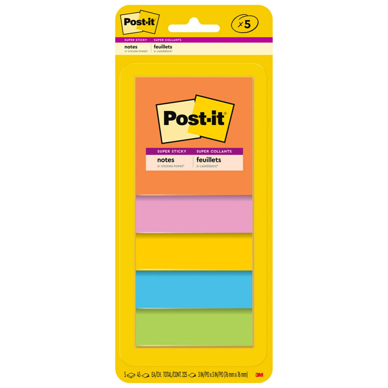 7100249376 - Post-it Super Sticky Notes 3321-5SSAU, Assorted Colors, 76x76mm, 45Sheets/Pad, 5 Pads/Pack, 100% PEFC, SGSCH-PEFC-COC-110078