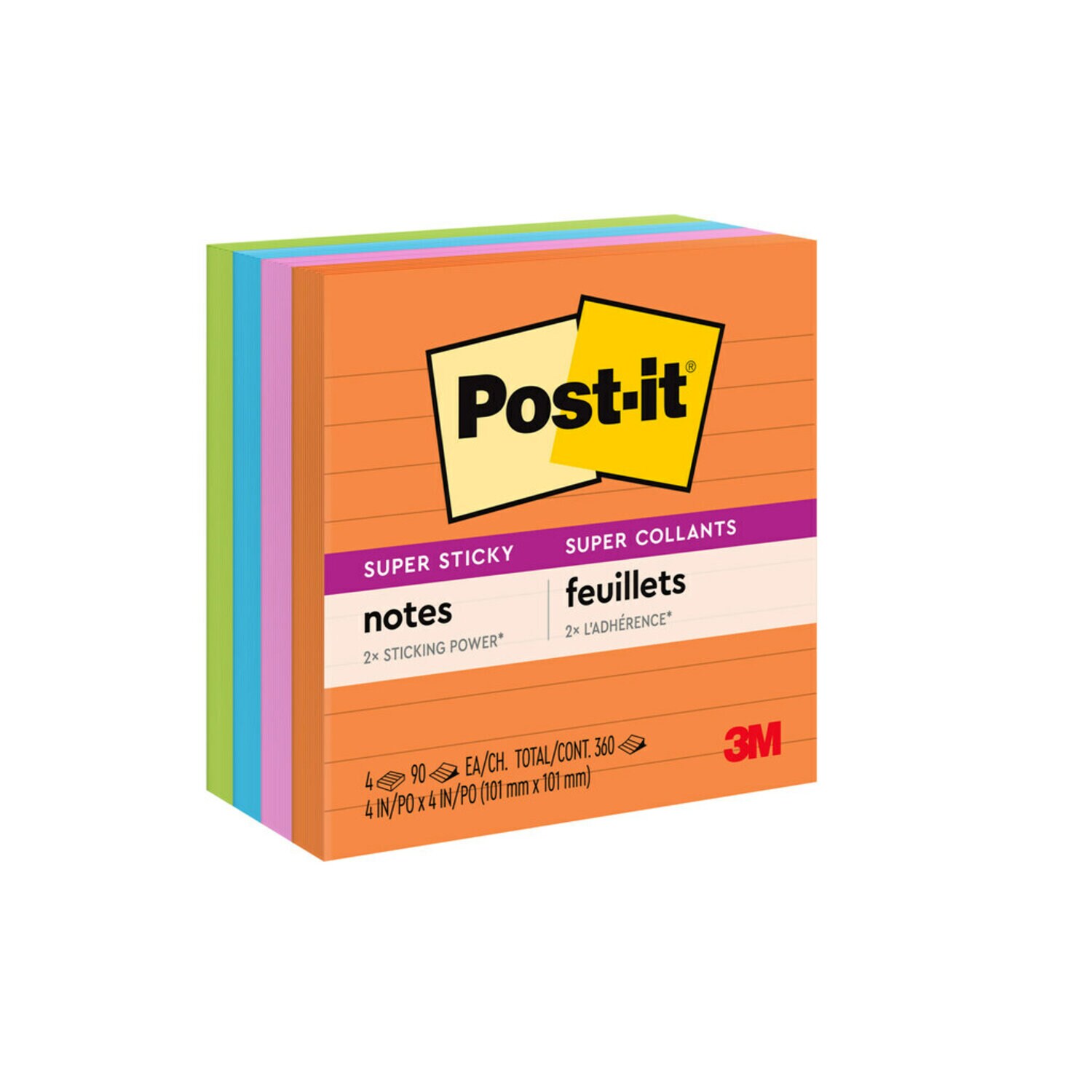 7010372293 - Post-it Super Sticky Notes 675-4SSUC, 4 in x 4 in (101 mm x 101 mm), Energy Boost Collection, Lined, 4 Pads/Pk