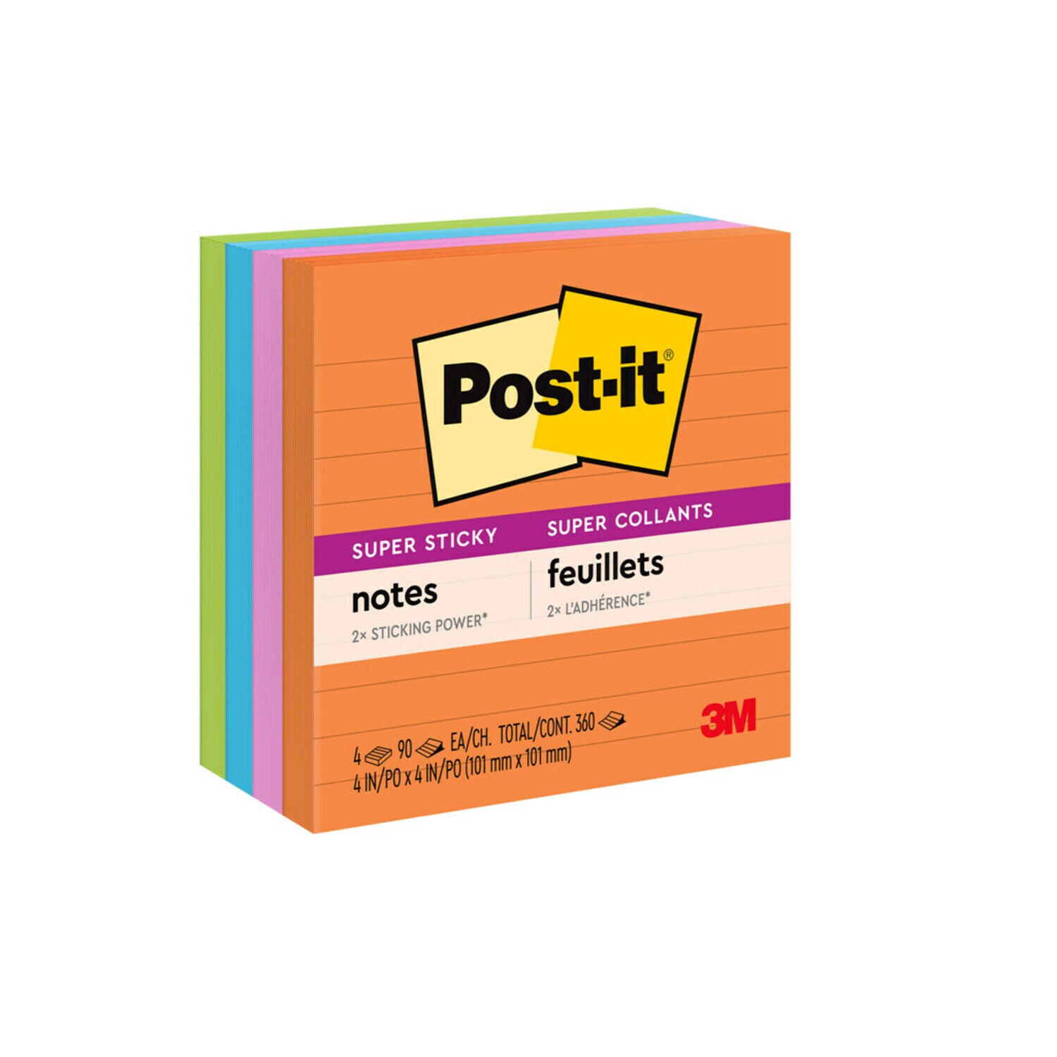 7010372293 - Post-it Super Sticky Notes 675-4SSUC, Energy Boost, Lined, 4 in x 4 in, 4 Pads/Pk, 100% PEFC, SGSCH-PEFC-COC-110078