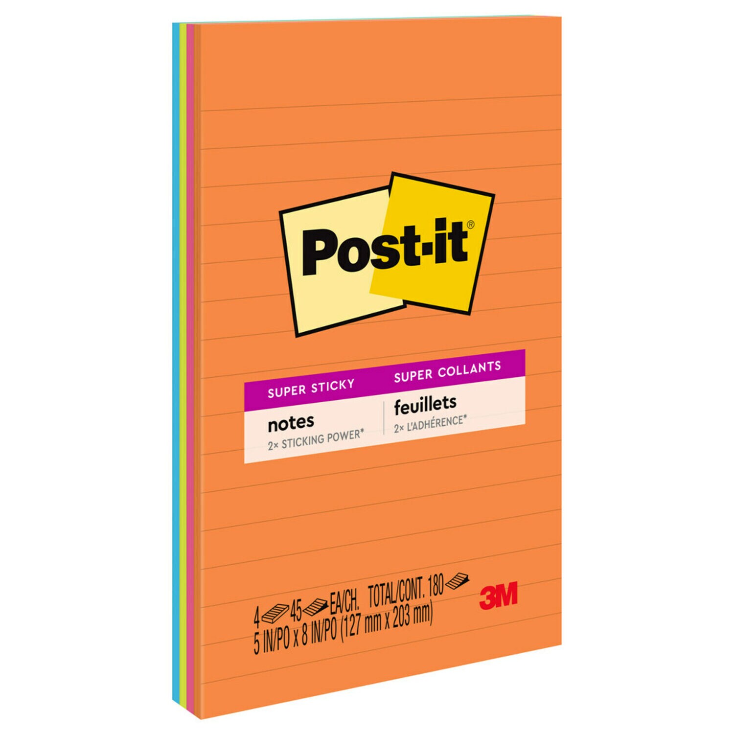 7010372287 - Post-it Super Sticky Notes 5845-SSUC, 5 in x 8 in, Energy Boost, Lined, 4 Pads/Pack, 100% PEFC, SGSCH-PEFC-COC-110078