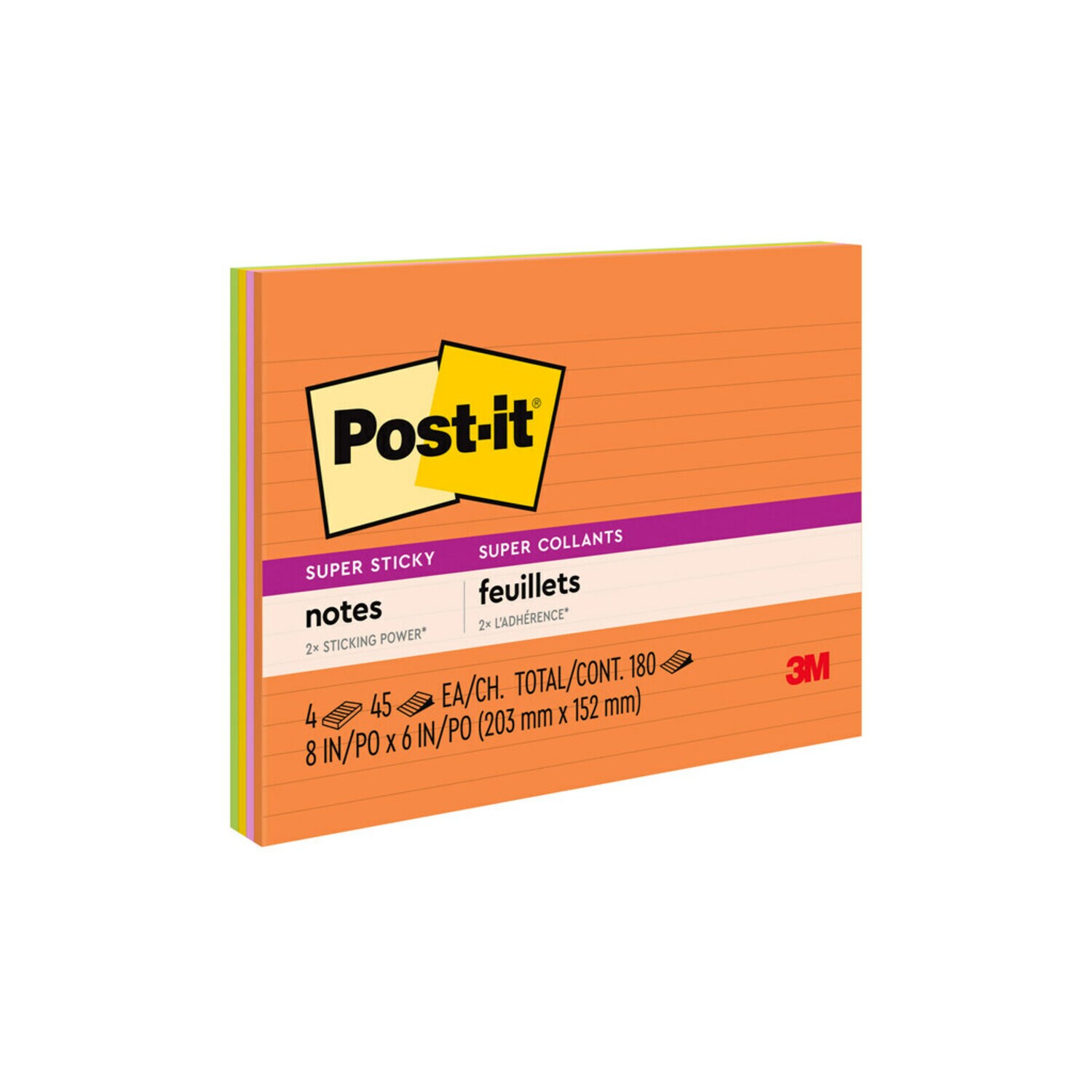 7100230167 - Post-it Super Sticky Notes 6845-SSPL, Lined, Neon Fizz, 8 in x 6 in (203 mm x 152 mm), 45 sheet, 100% PEFC, SGSCH-PEFC-COC-11078