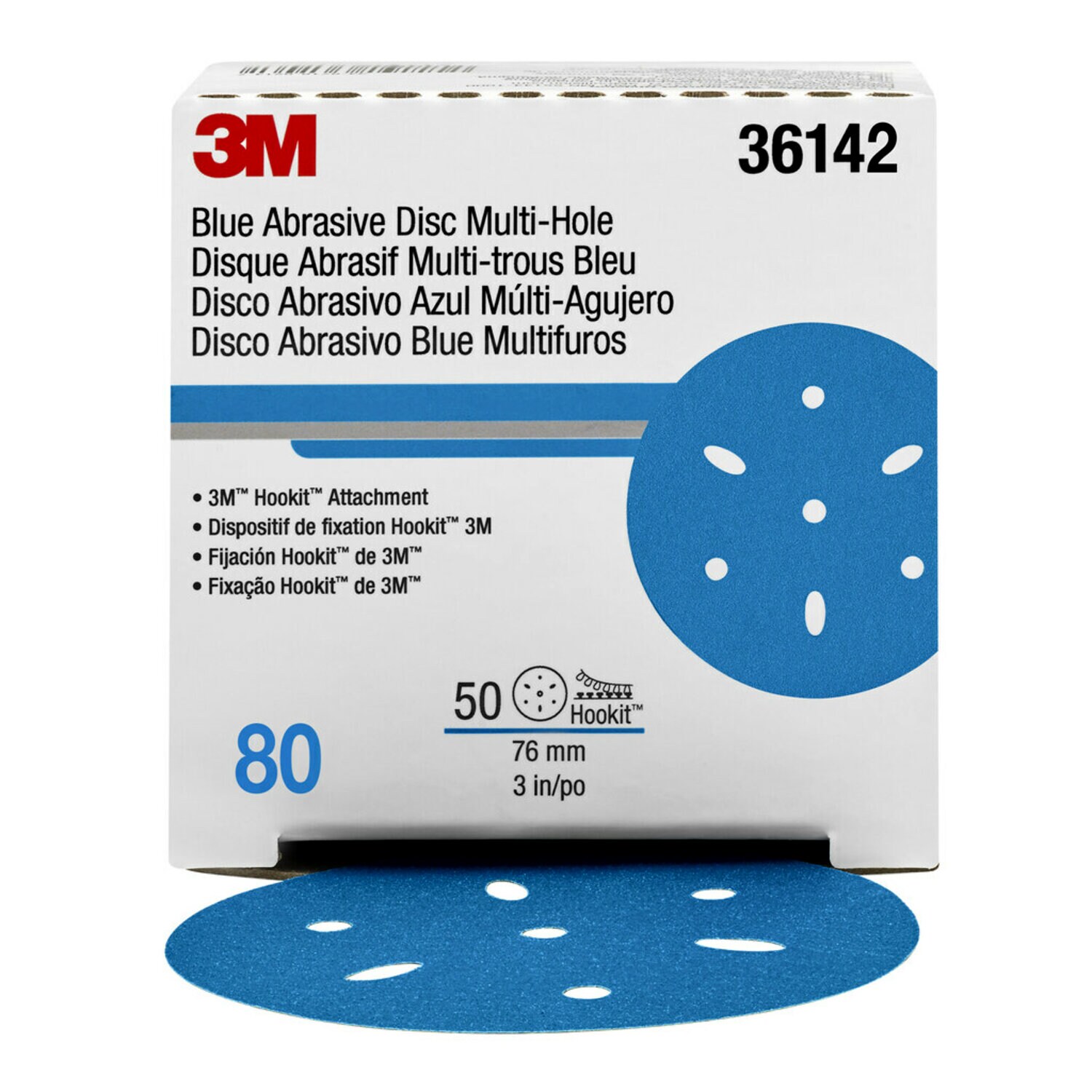 7100091341 - 3M Hookit Blue Abrasive Disc 321U, 36142, 3 in, 80, Multi-hole, 50 Discs/Carton, 4 Cartons/Case