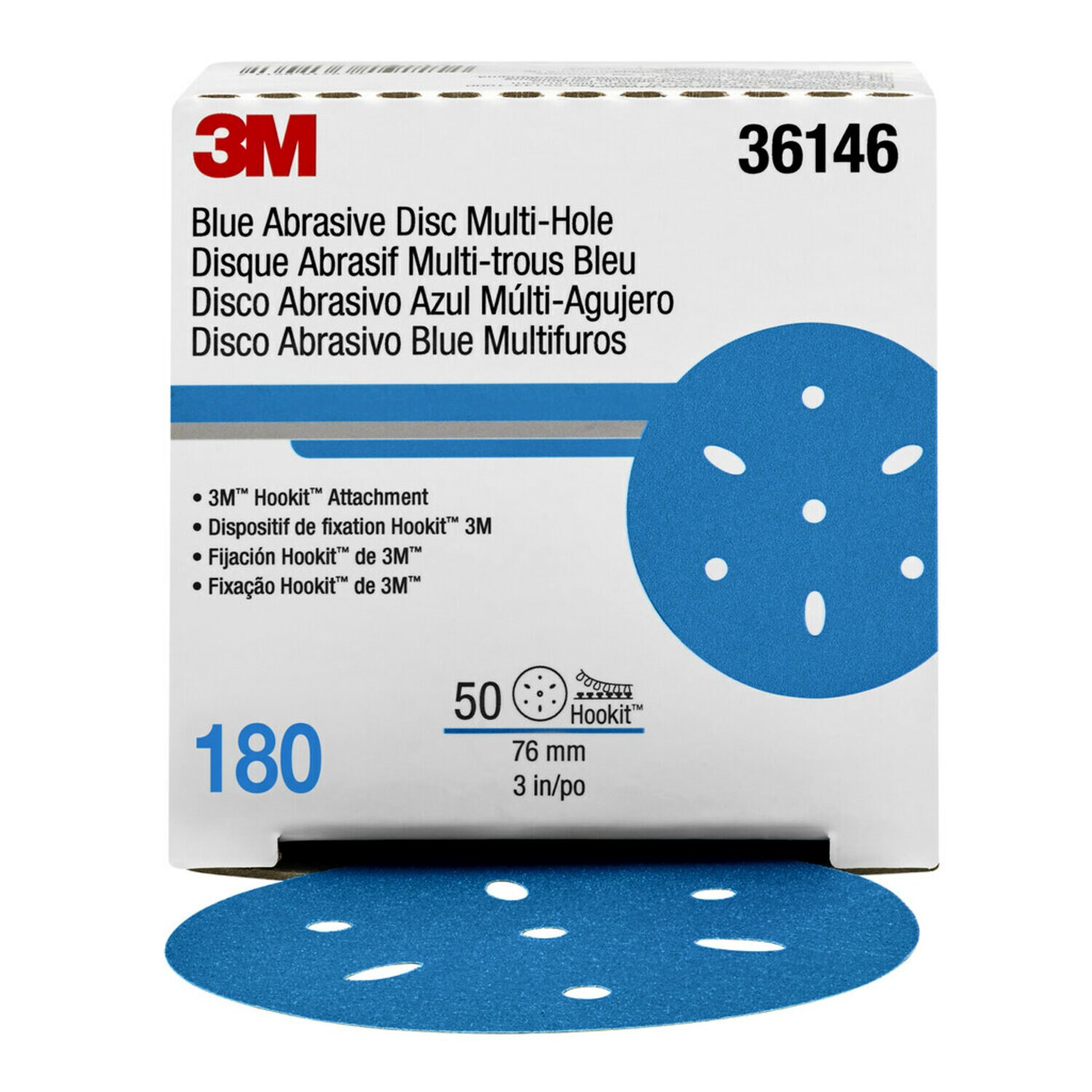 7100091344 - 3M Hookit Blue Abrasive Disc 321U, 36146, 3 in, 180, Multi-hole, 50 Discs/Carton, 4 Cartons/Case