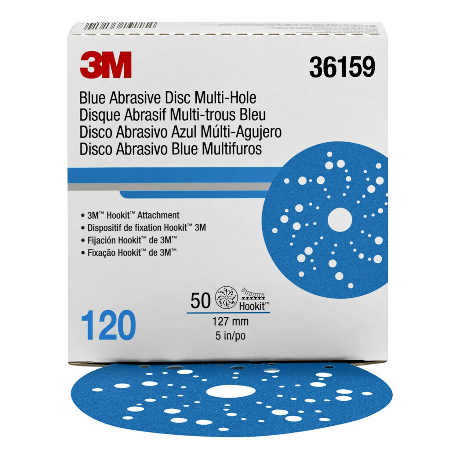 7100090976 - 3M Hookit Blue Abrasive Disc 321U, 36159, 5 in, 120, Multi-hole, 50 Discs/Carton, 4 Cartons/Case