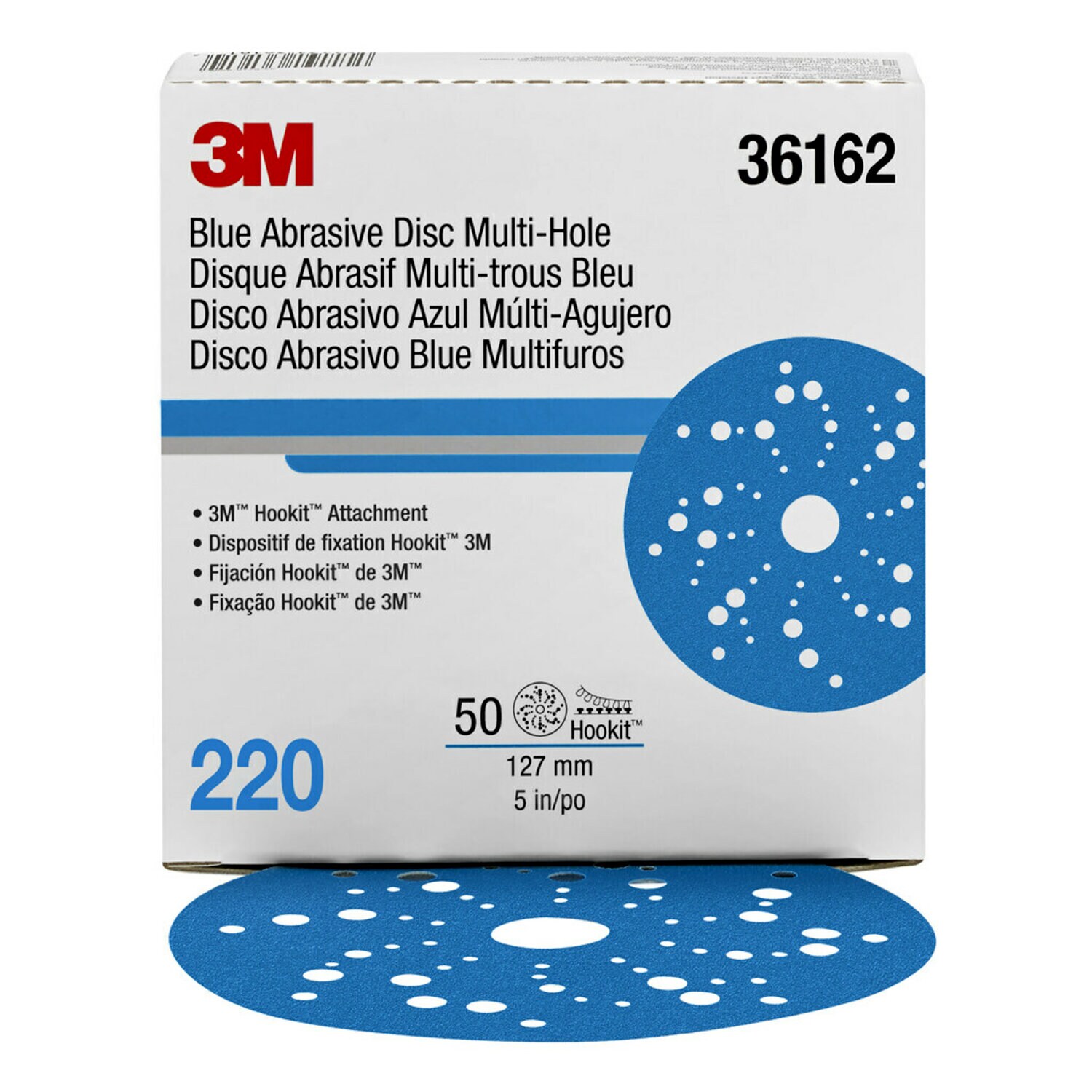 7100091236 - 3M Hookit Blue Abrasive Disc Multi-hole, 36162, 5 in, 220 grade, 50
discs per carton, 4 cartons per case