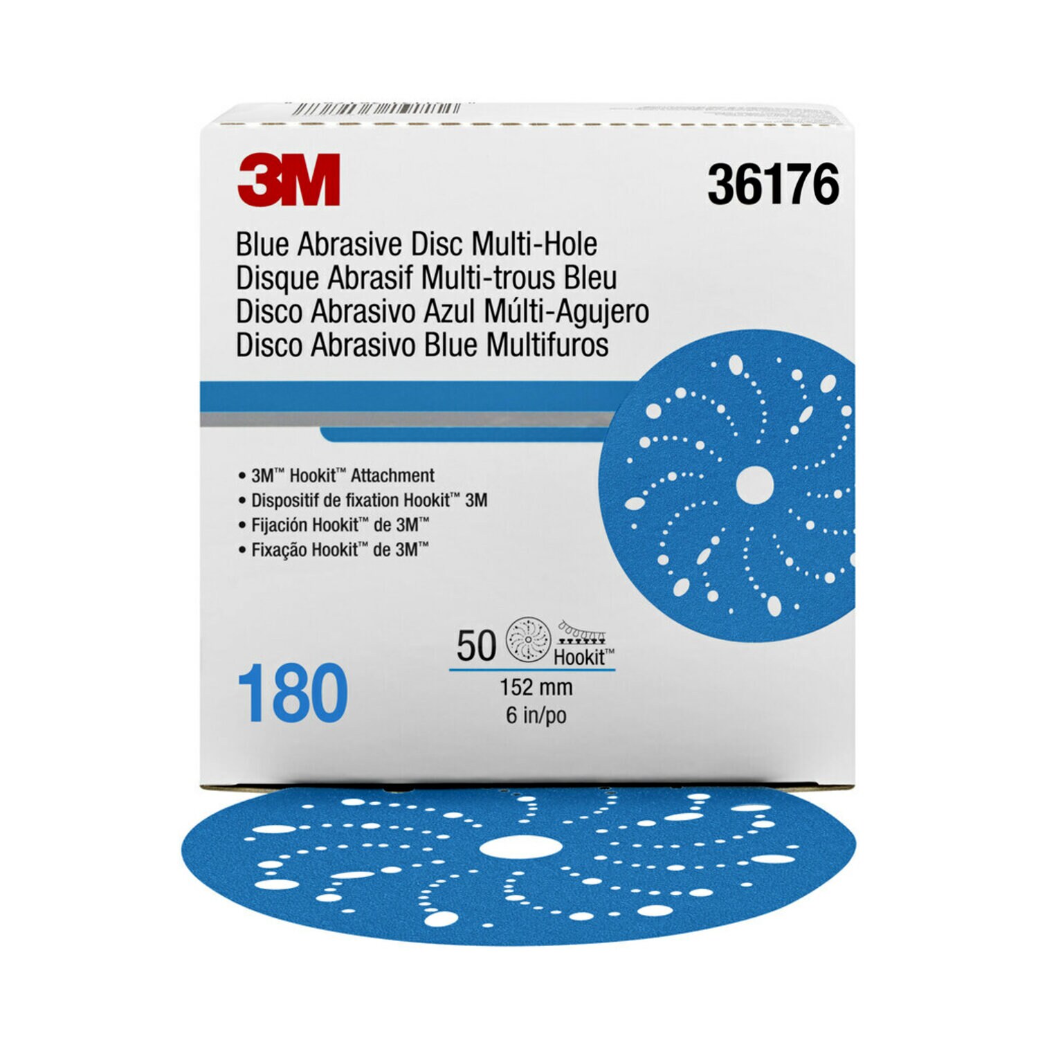 7100091094 - 3M Hookit Blue Abrasive Disc 321U, 36176, 6 in, 180, Multi-hole, 50 Discs/Carton, 4 Cartons/Case