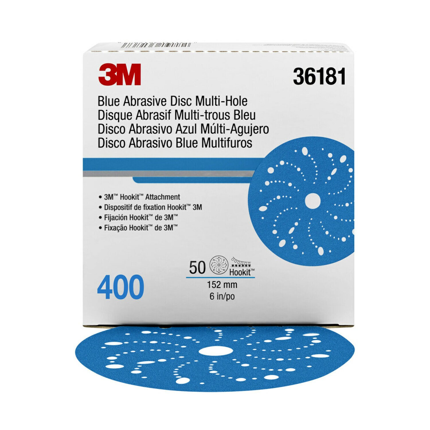 7100091098 - 3M Hookit Blue Abrasive Disc 321U, 36181, 6 in, 400, Multi-hole, 50 Discs/Carton, 4 Cartons/Case