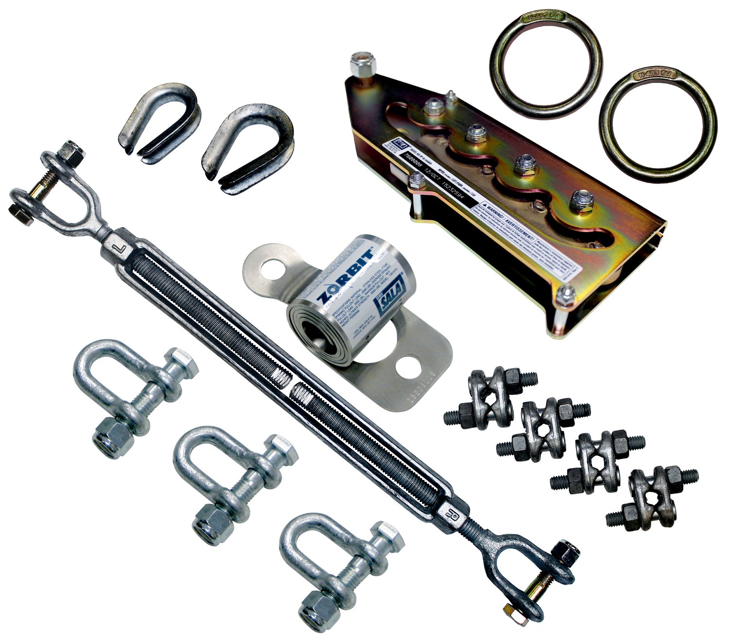 7100314308 - 3M DBI-SALA Metal Horizontal Lifeline Energy Absorber with Hardware
Kit 7600580, 3 Shackles, Turnbuckle, Cable Clips, Wedge Grip
