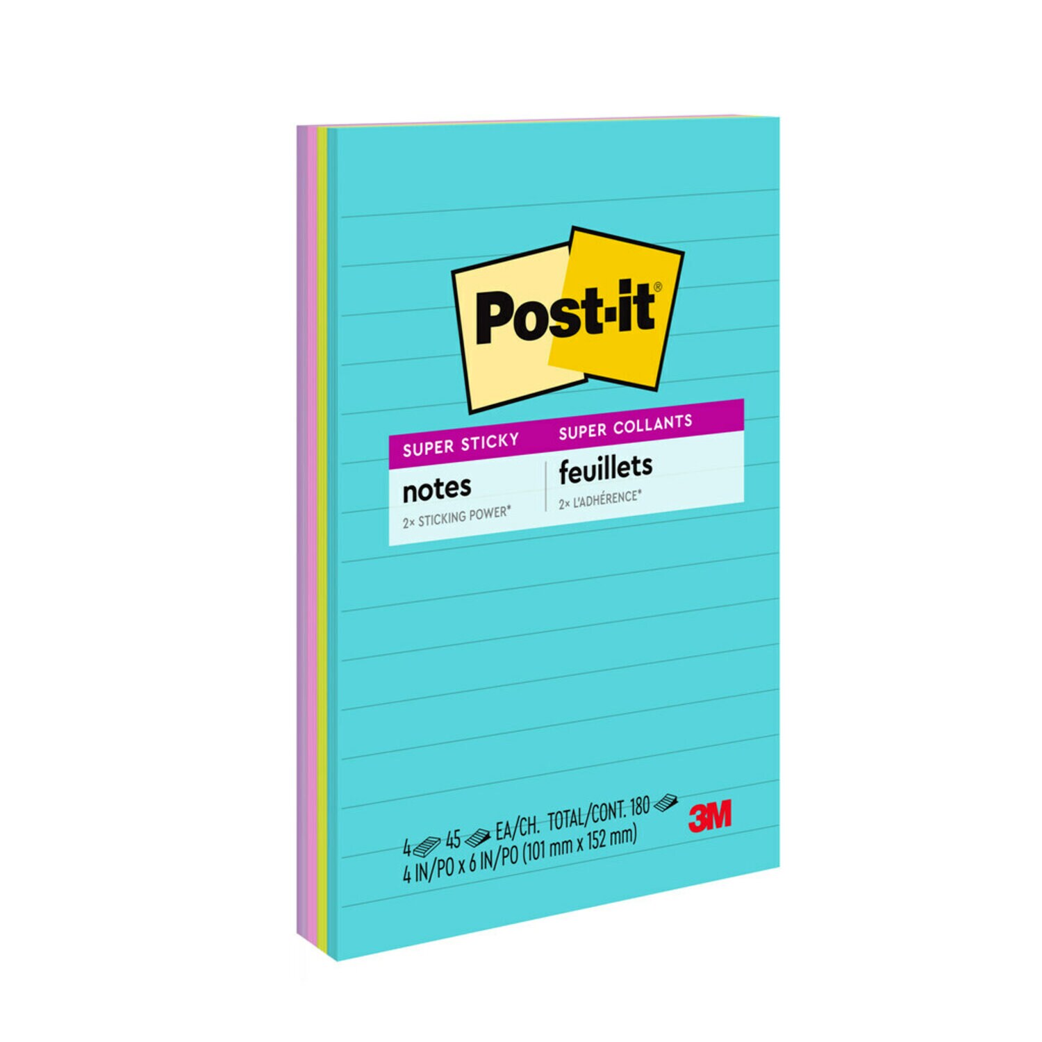 7100088536 - Post-it Super Sticky Notes 4621-4SSMIA, 4 in x 6 in, Supernova Neons, 4 pd/pk, 45 sht/pd,Lined, 100% PEFC, SGSCH-PEFC-COC-110078