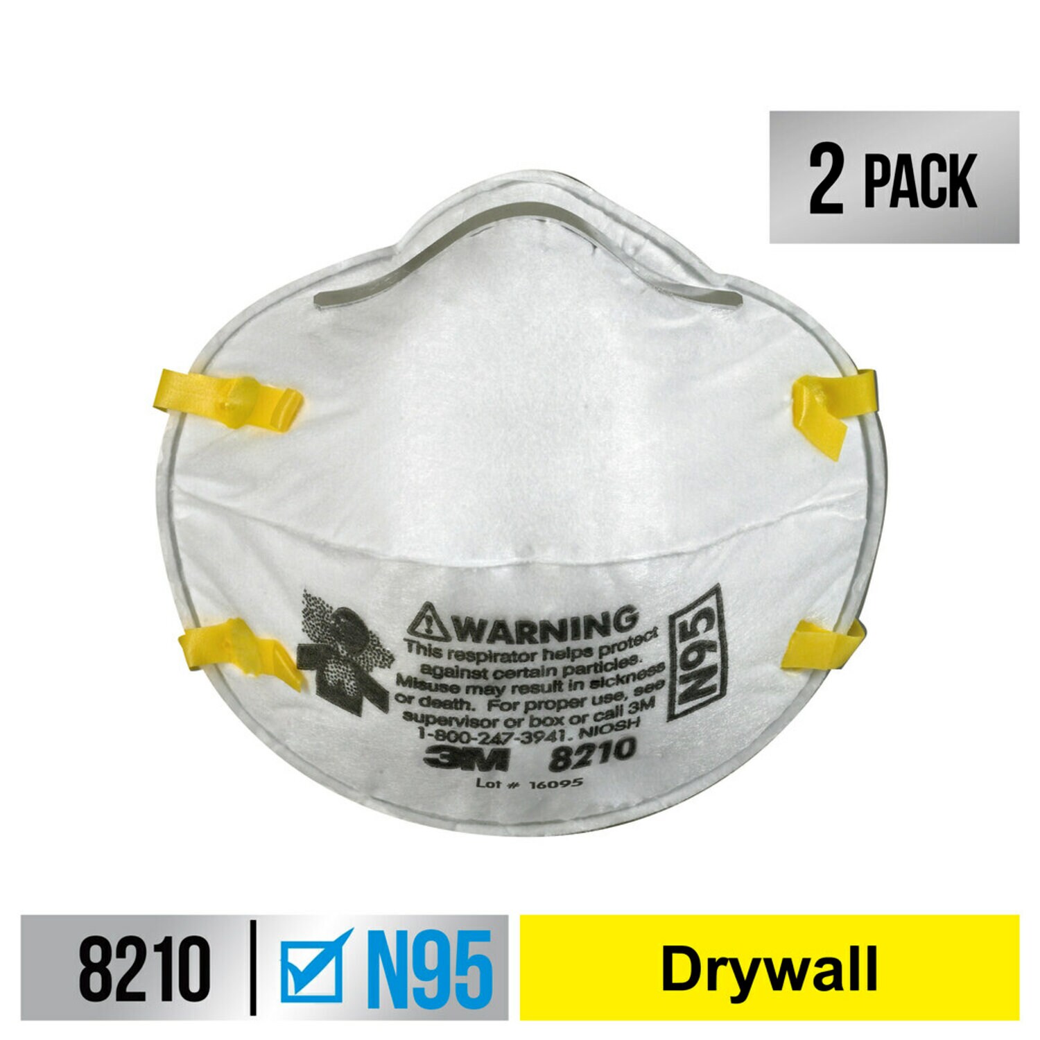 7100157620 - 3M Performance Drywall Sanding Respirator N95 Particulate, 8210D2-DC, 2
eaches/pack, 12 packs/case