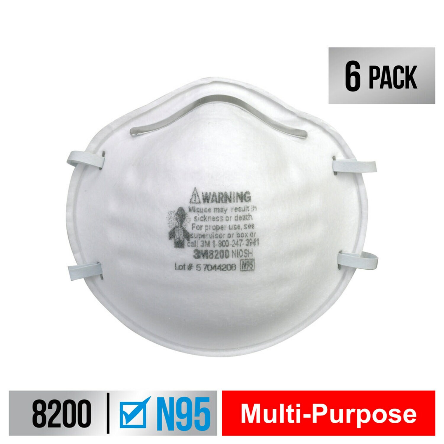 7100158824 - 3M Sanding and Fiberglass Respirator N95 Particulate, 8200H6-DC, 6
eaches/pack, 6 packs/case