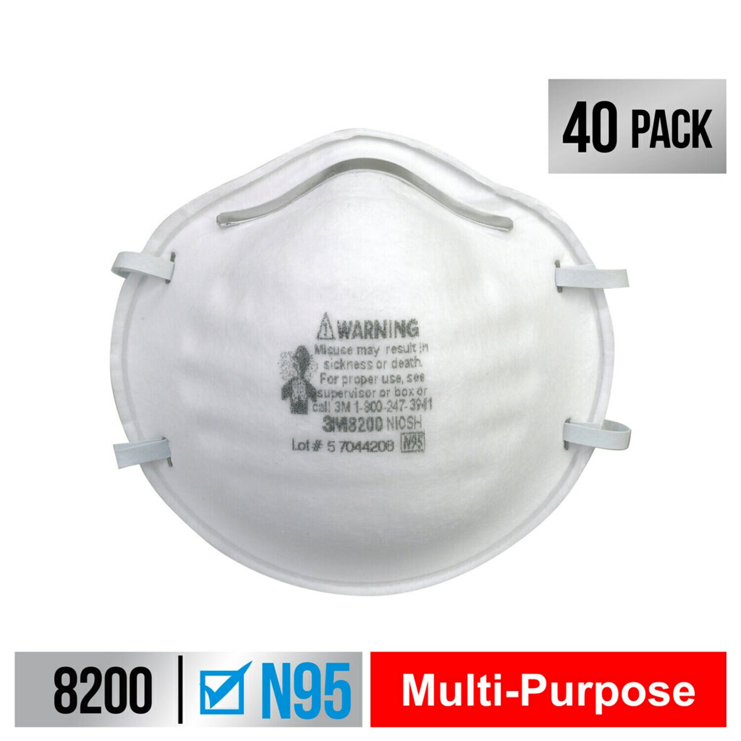 7100159546 - 3M Sanding and Fiberglass Respirator N95 Particulate, 8200H40-DC, 40
eaches/pack, 4 packs/case