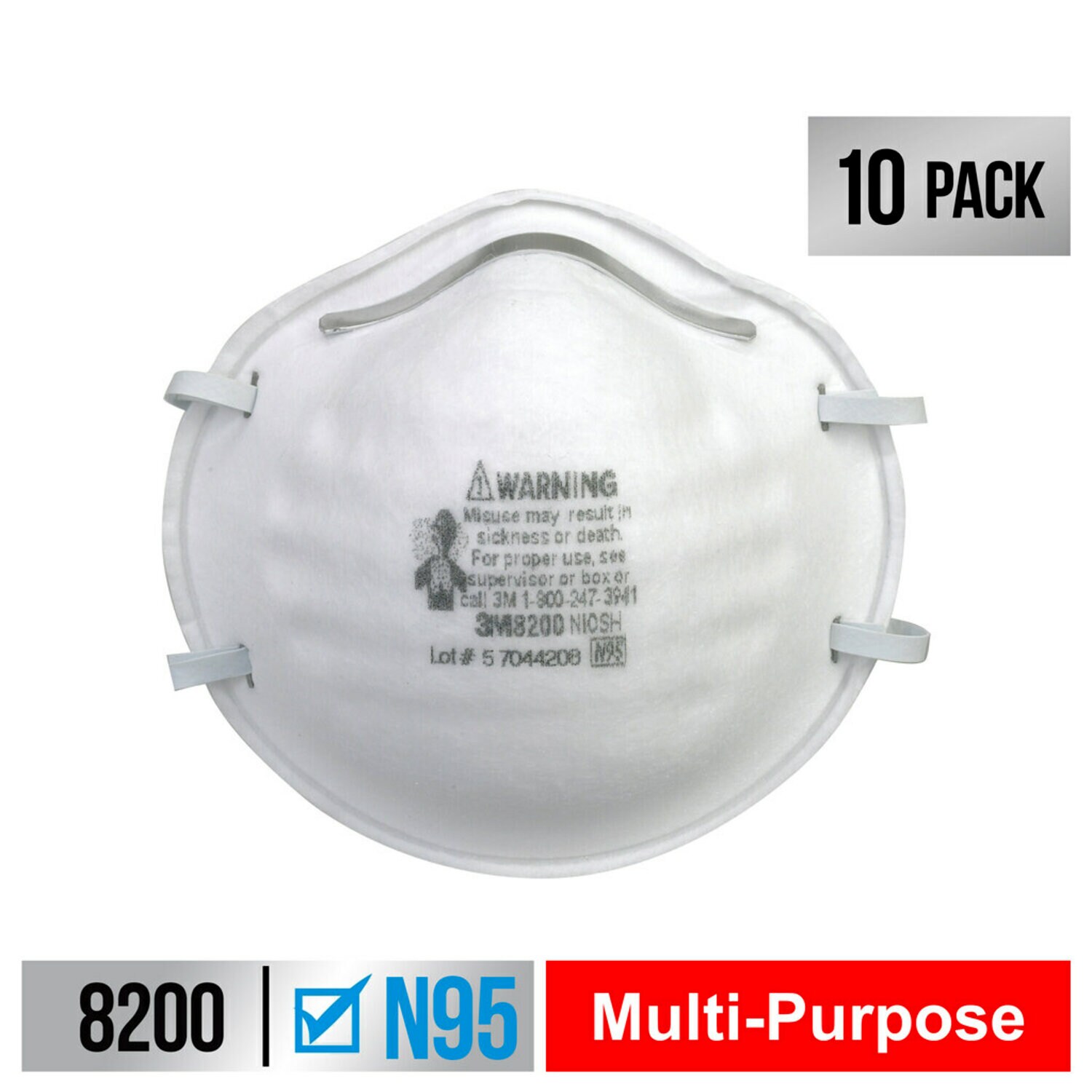 7100160237 - 3M Sanding and Fiberglass Respirator N95 Particulate, 8200H10-DC, 10
eaches/pack, 4 packs/case