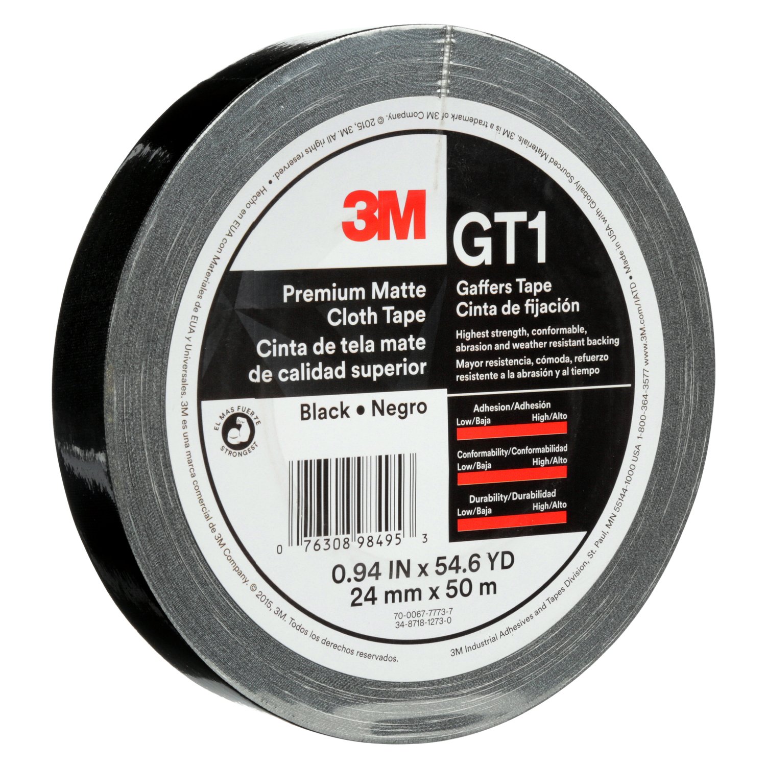 7010312513 - 3M Premium Matte Cloth (Gaffers) Tape GT1, Black, 24 mm x 50 m, 11 mil,
48/Case