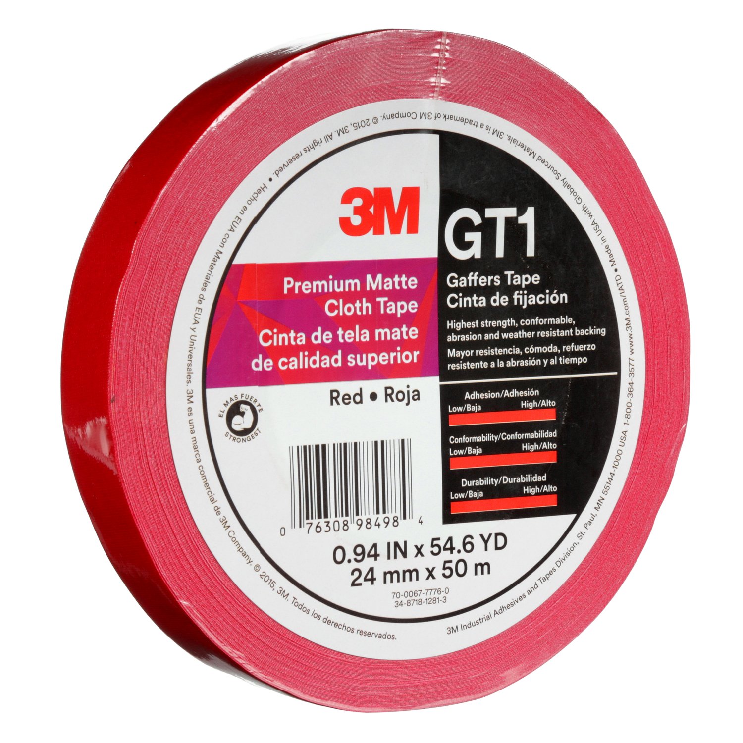 7010300507 - 3M Premium Matte Cloth (Gaffers) Tape GT1, Red, 24 mm x 50 m, 11 mil,
48/Case