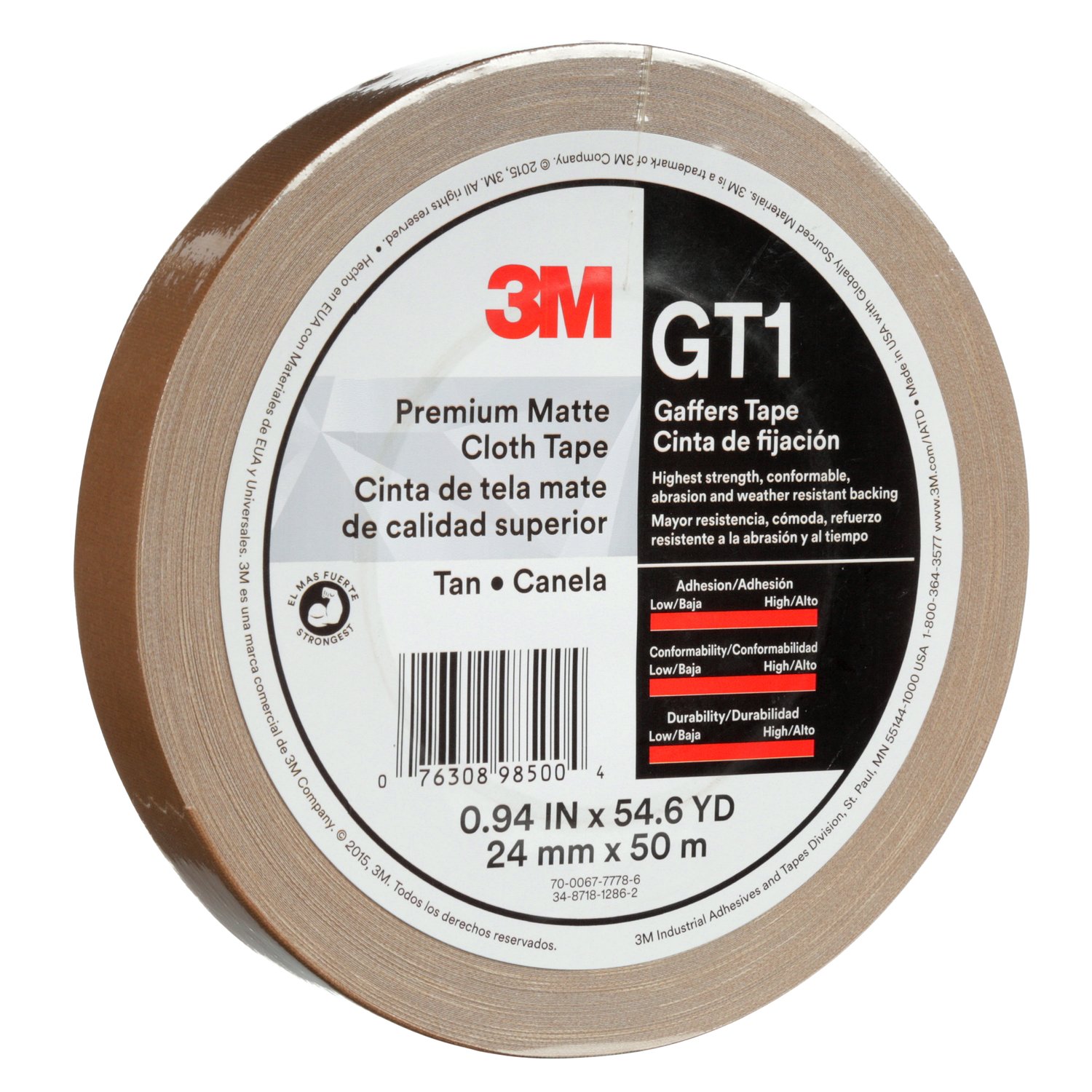 7010336128 - 3M Premium Matte Cloth (Gaffers) Tape GT1, Tan, 24 mm x 50 m, 11 mil,
48/Case
