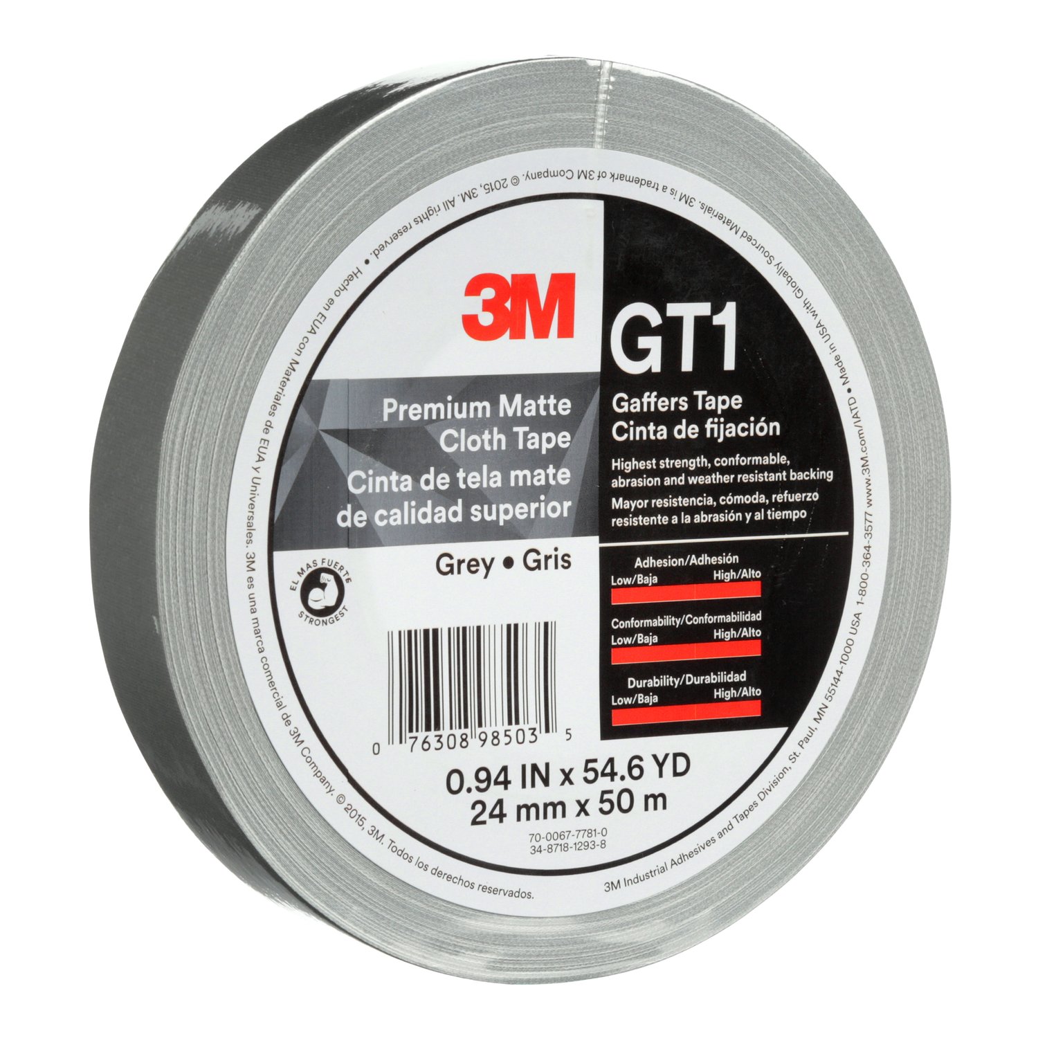7010376457 - 3M Premium Matte Cloth (Gaffers) Tape GT1, Gray, 24 mm x 50 m, 11 mil,
48/Case