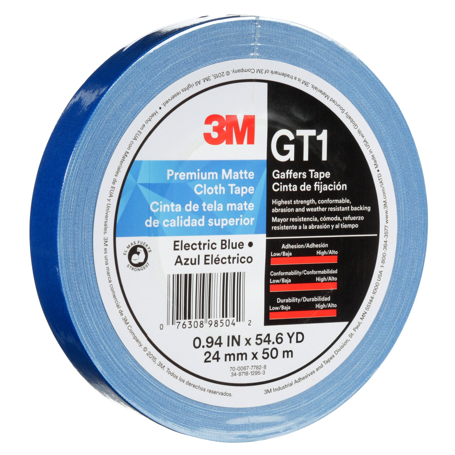 7010336129 - 3M Premium Matte Cloth (Gaffers) Tape GT1, Electric Blue, 24 mm x 50 m,
11 mil, 48/Case