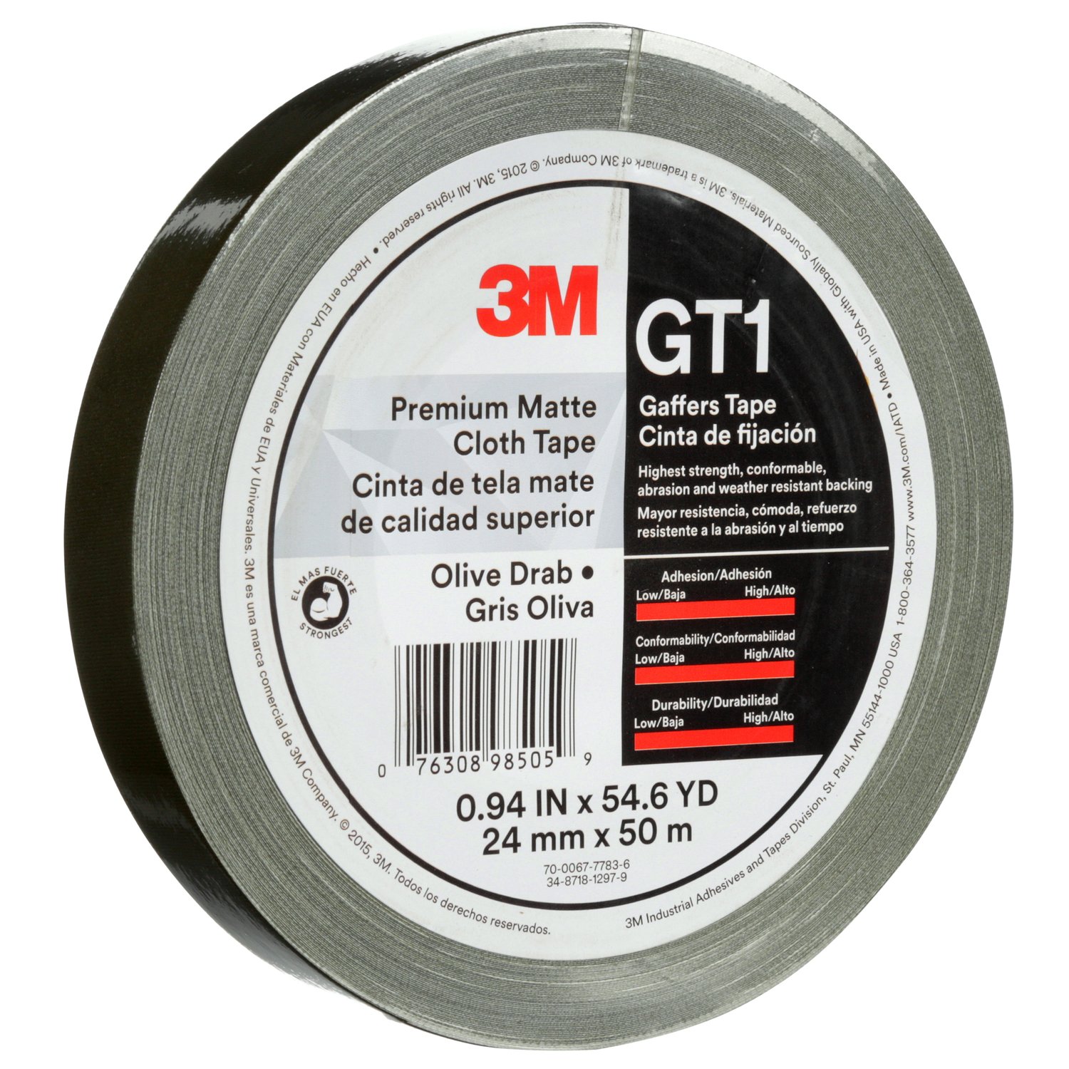 7100171413 - 3M Premium Matte Cloth (Gaffers) Tape GT1, Olive Drab, 24 mm x 50 m, 11
mil, 48/Case